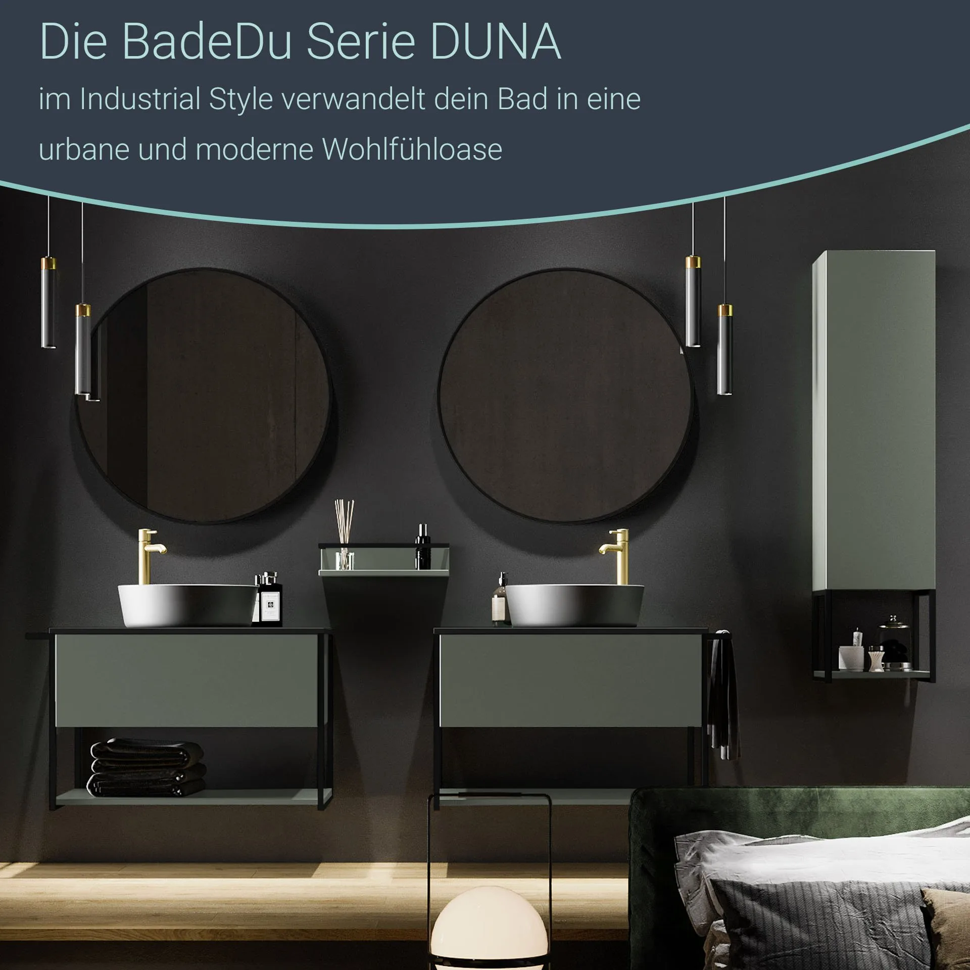 BADEDU DUNA Waschtisch mit Unterschrank 60 cm breit, Grün, Waschbecken Keramik Weiß