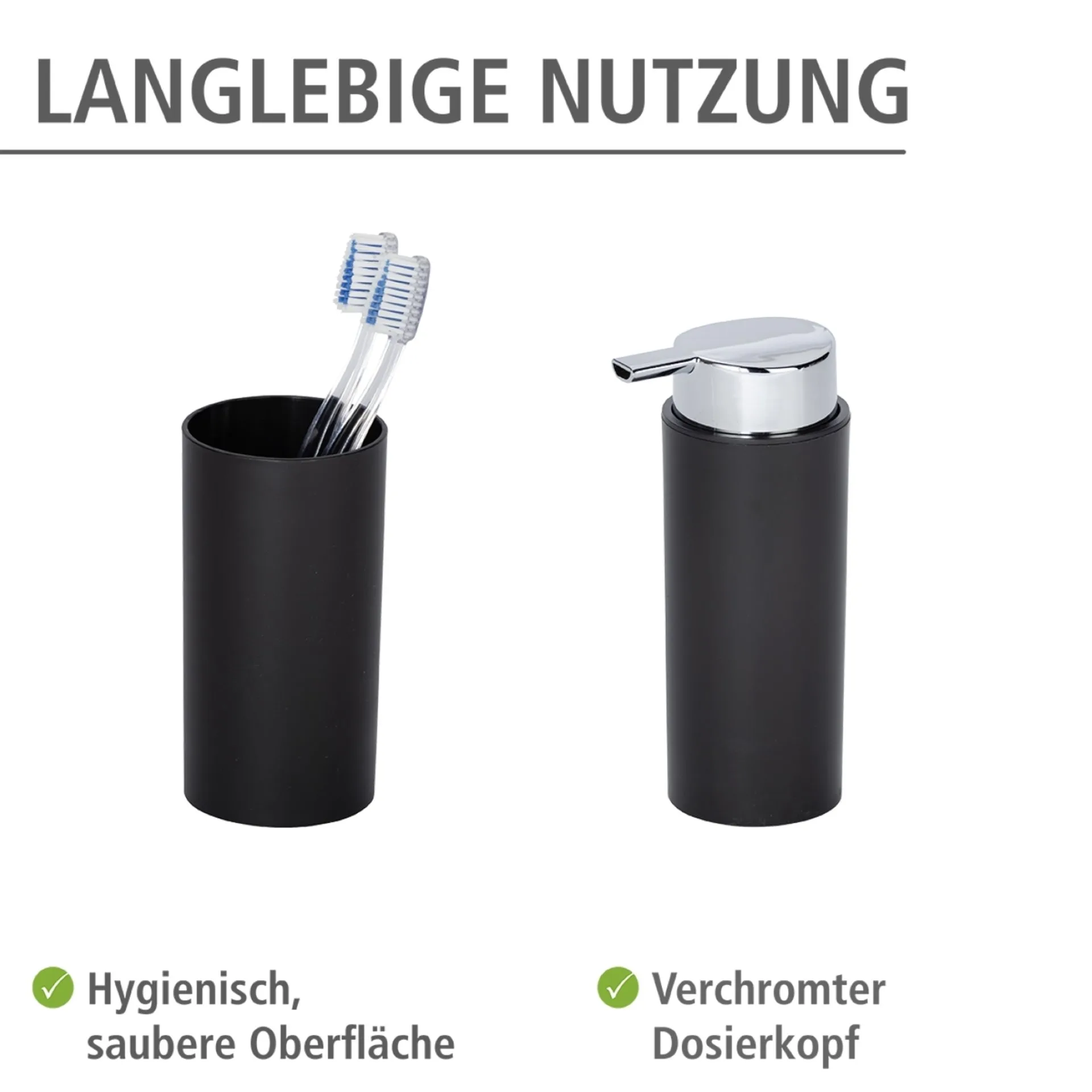 WENKO CALVO Accessoire Set, Schwarz, Zahnputzbecher, Seifenspender, WC-Garnitur, Kosmetikeimer