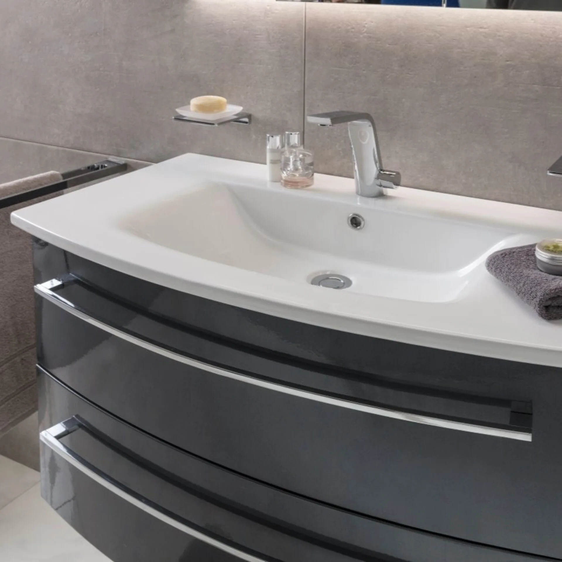 LANZET IMPULSO Waschbecken mit Unterschrank 90 cm breit, Anthrazit, Waschbecken Keramik Weiß