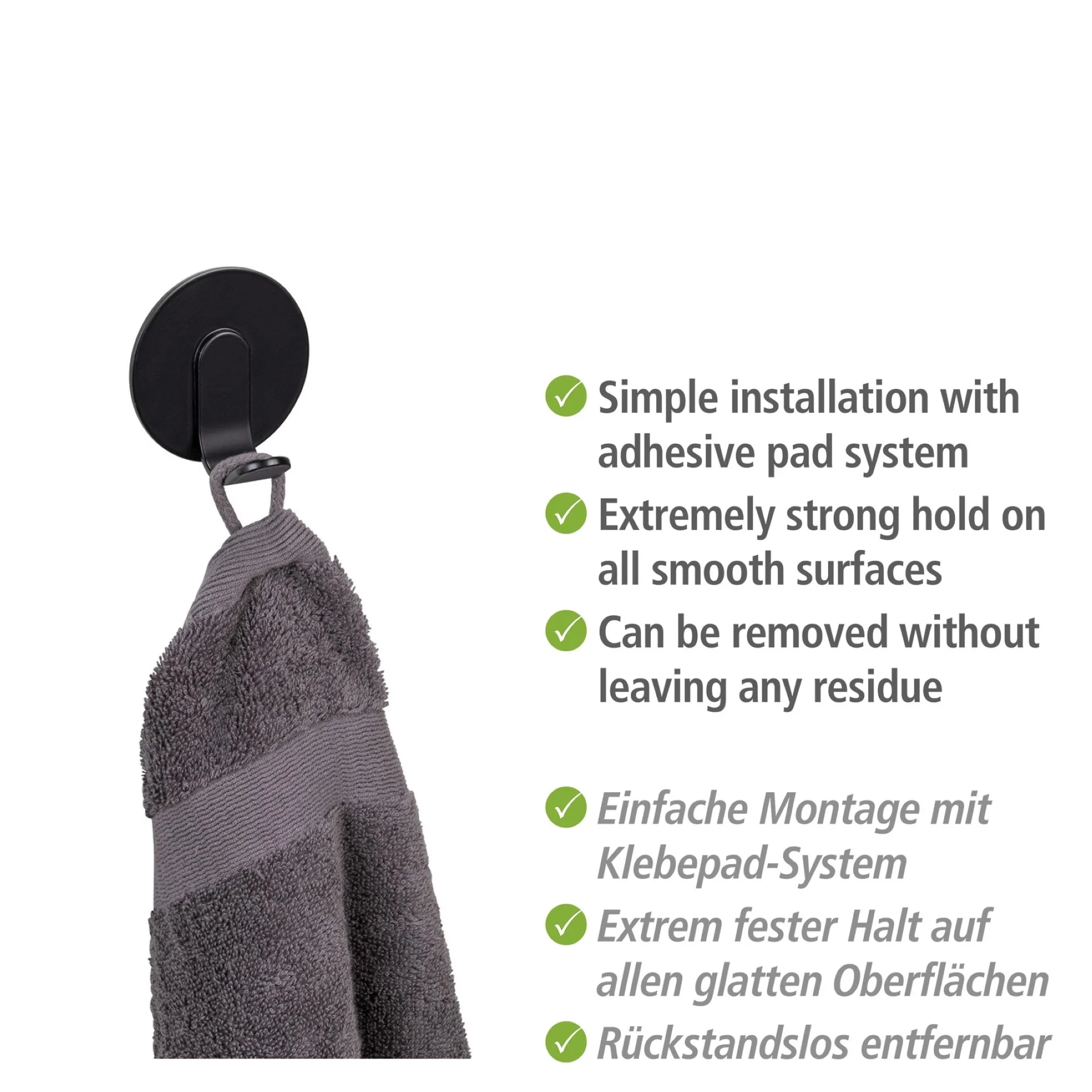 WENKO BIVIO Handtuchhaken, Schwarz matt, 3er Set, Aluminium