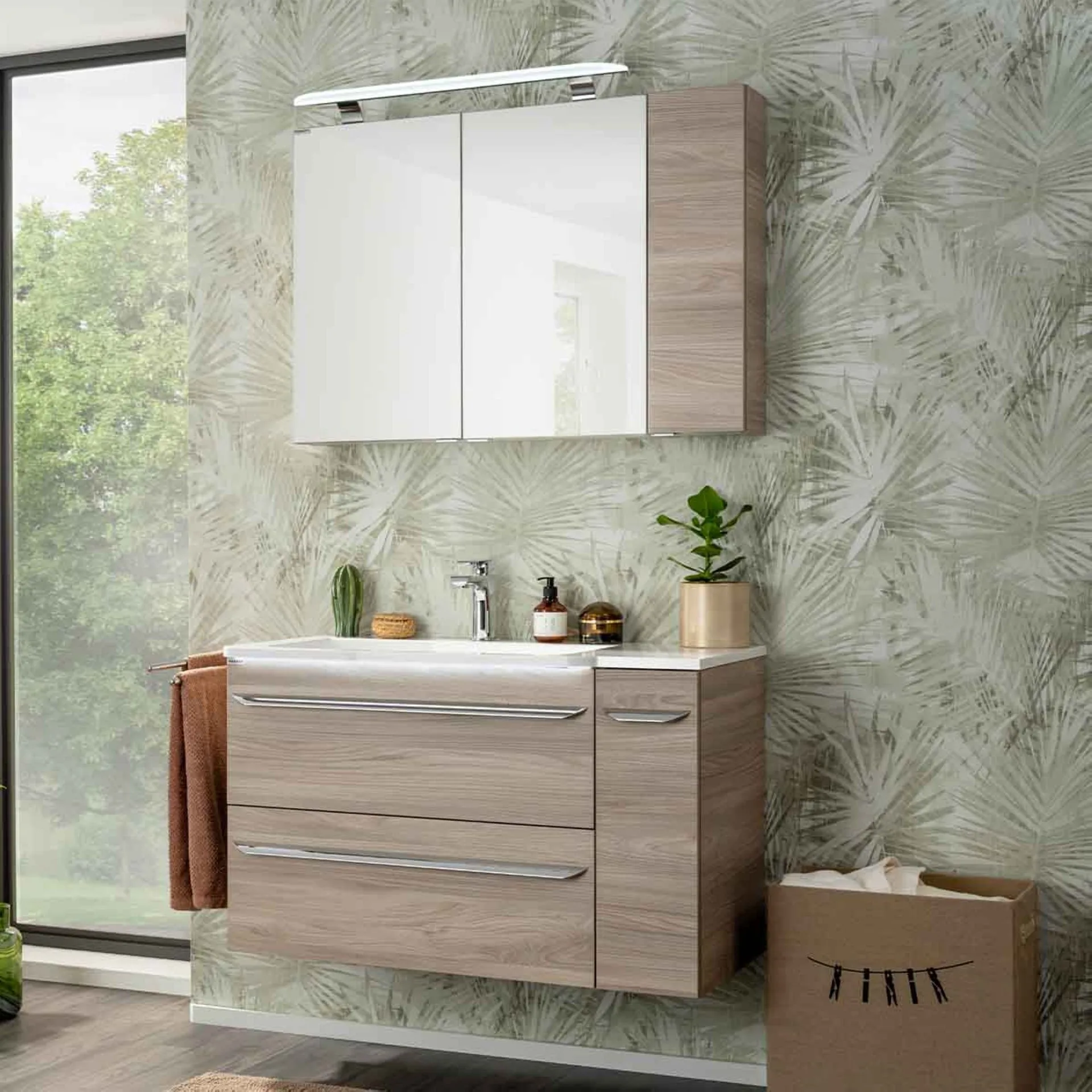 FACKELMANN LUXOR Badmöbel Set 5-teilig 100 cm breit, Braun hell, Waschbecken Gussmarmor Weiß + LED Spiegelschrank + Unterschrank + Hängeschrank Türanschlag rechts