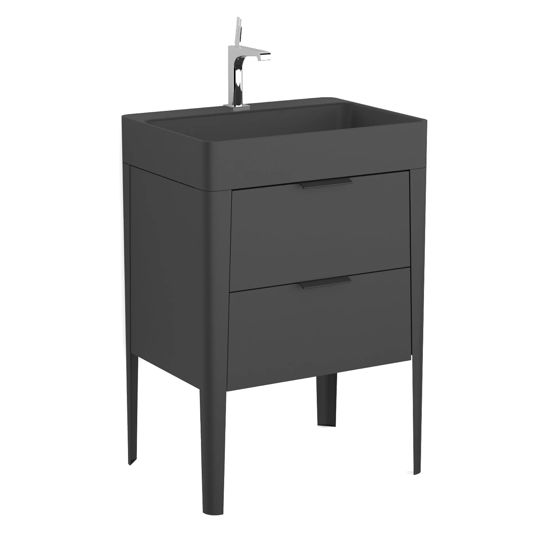 BADEDU SORA Waschbecken mit Unterschrank 60 cm breit, Schwarz matt, Waschbecken Quarzkomposit Schwarz, aus Aluminium, mit Füßen