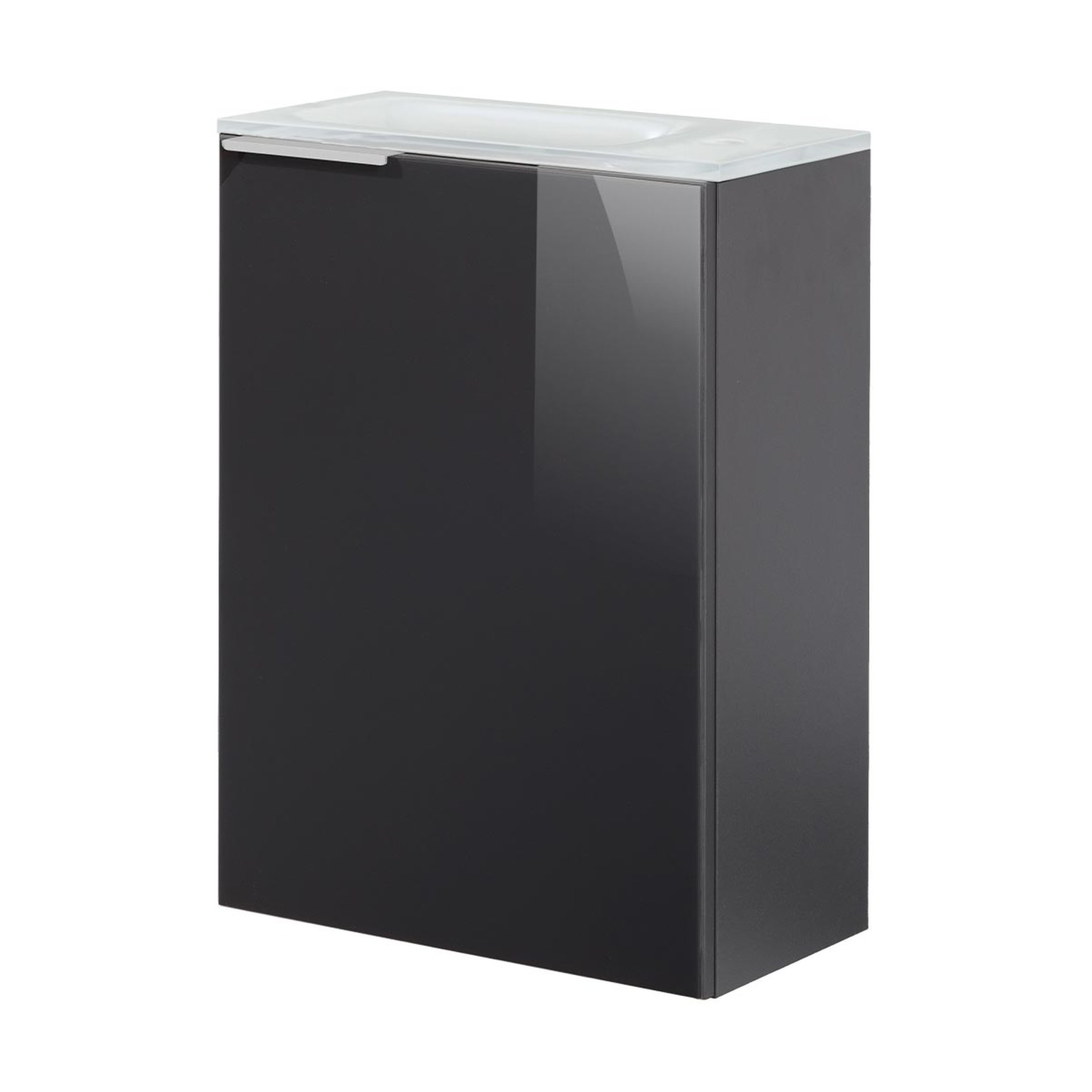 FACKELMANN SBC KARA Gäste WC Waschtisch Set 45 cm breit, Anthrazit, Waschbecken Glas Weiß, Türanschlag rechts + Waschbeckenbeleuchtung