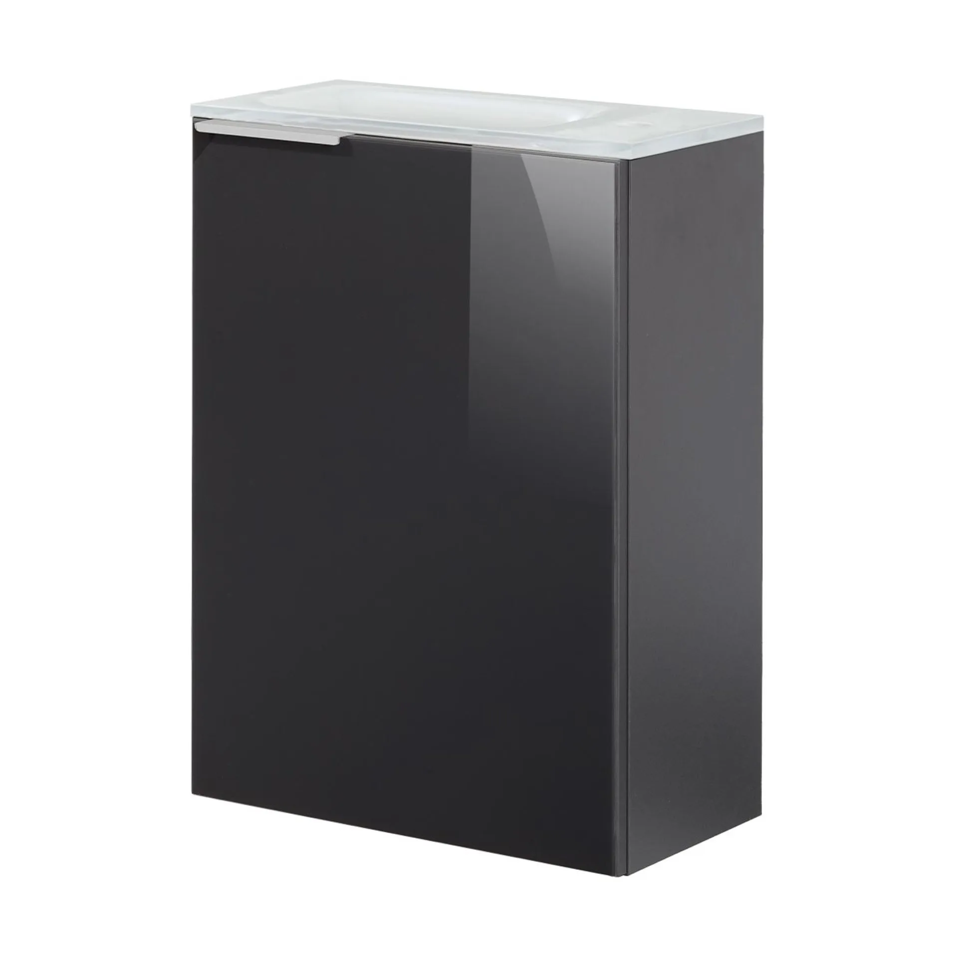 FACKELMANN SBC KARA Gäste WC Waschtisch Set 45 cm breit, Anthrazit, Waschbecken Glas Weiß, Türanschlag rechts + Waschbeckenbeleuchtung