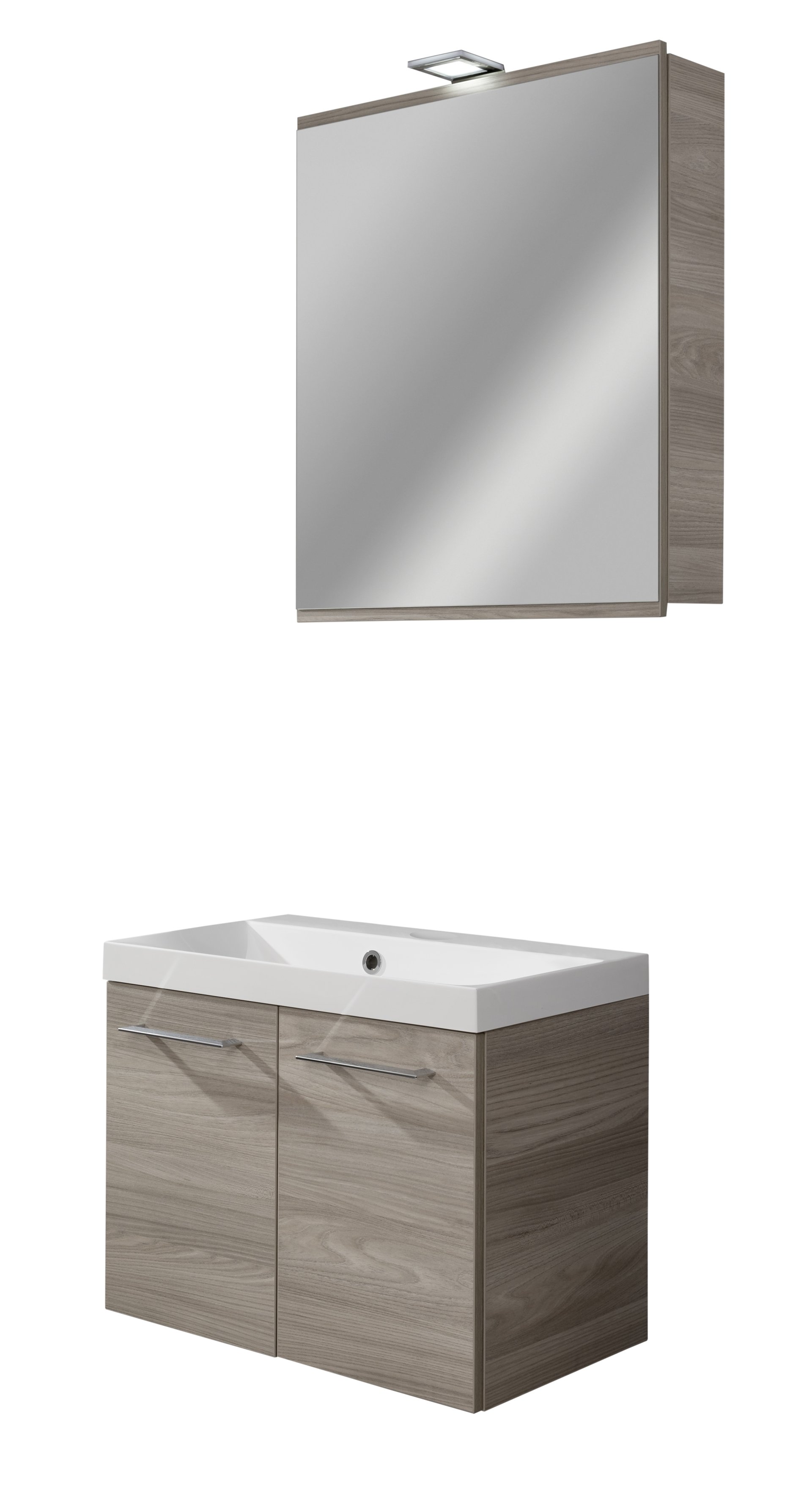 FACKELMANN LIMA Waschtisch Set mit Spiegelschrank 60 cm breit, Braun, Waschbecken Gussmarmor Weiß