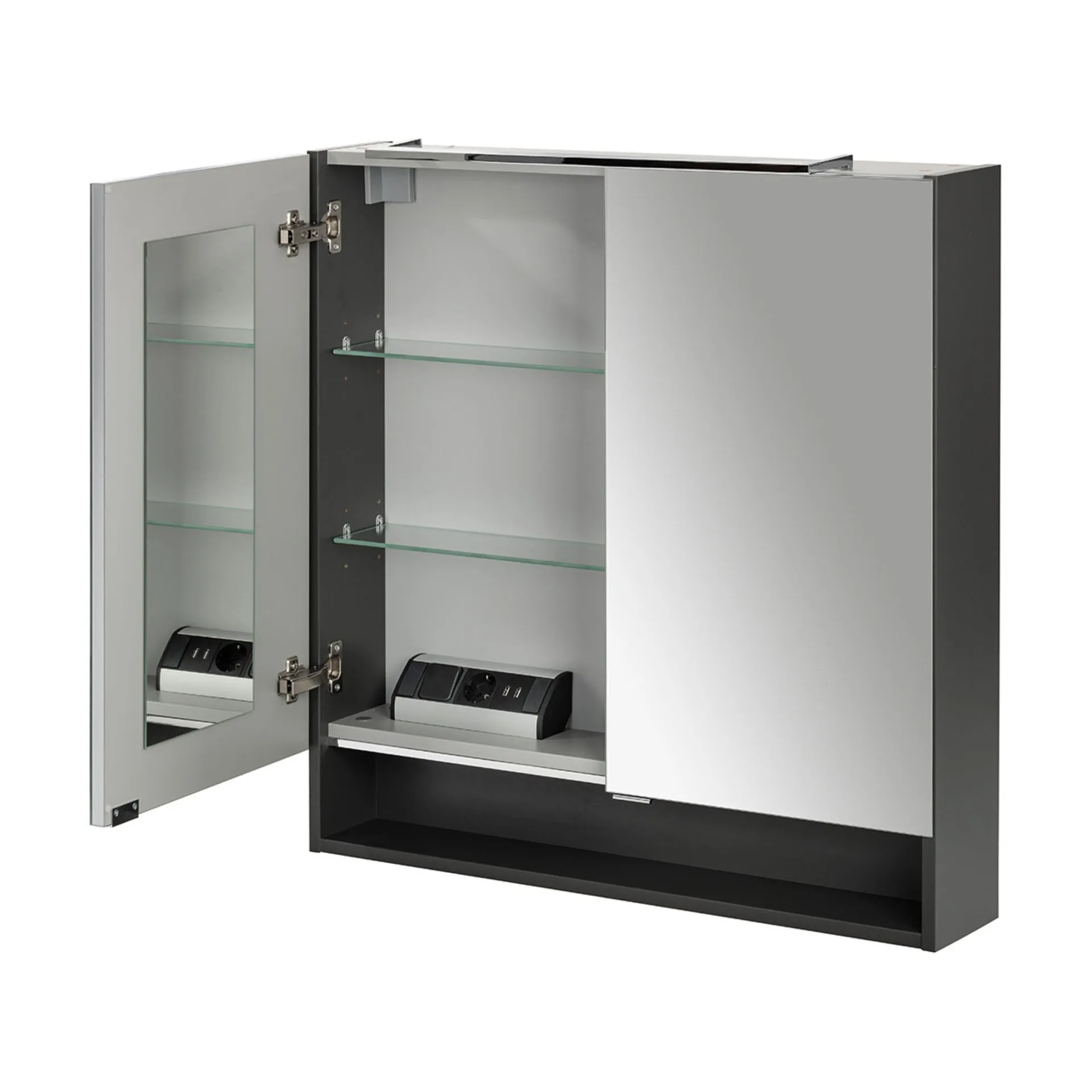 FACKELMANN LUNA Badmöbel Set 6-teilig 80 cm breit, Anthrazit, Waschbecken Keramik Weiß + LED Spiegelschrank + Hochschrank + Midischrank + Ambientebeleuchtung