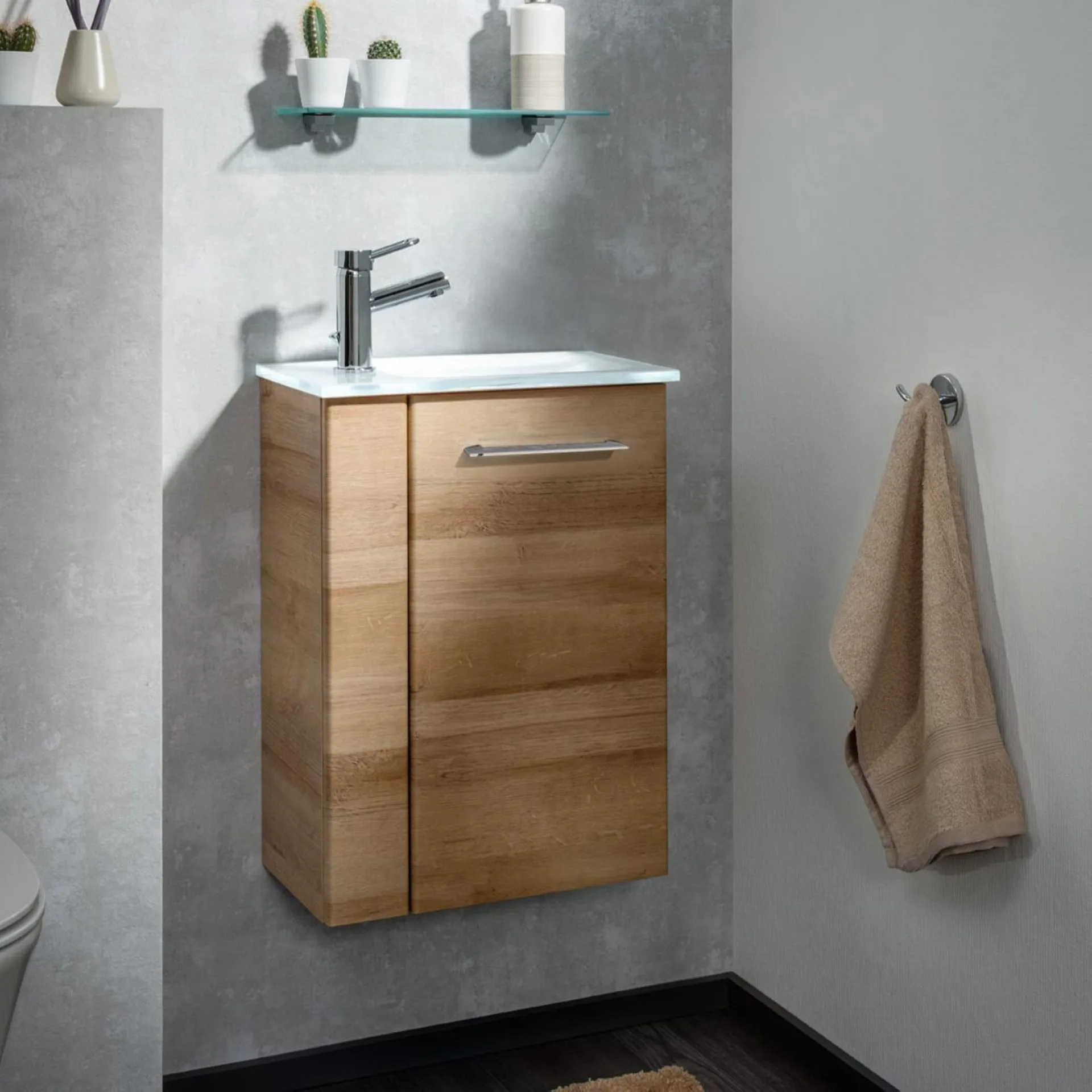 FACKELMANN SBC MILANO Gäste WC Waschtisch Set 45 cm breit, Braun hell, Waschbecken Glas Weiß, Türanschlag rechts