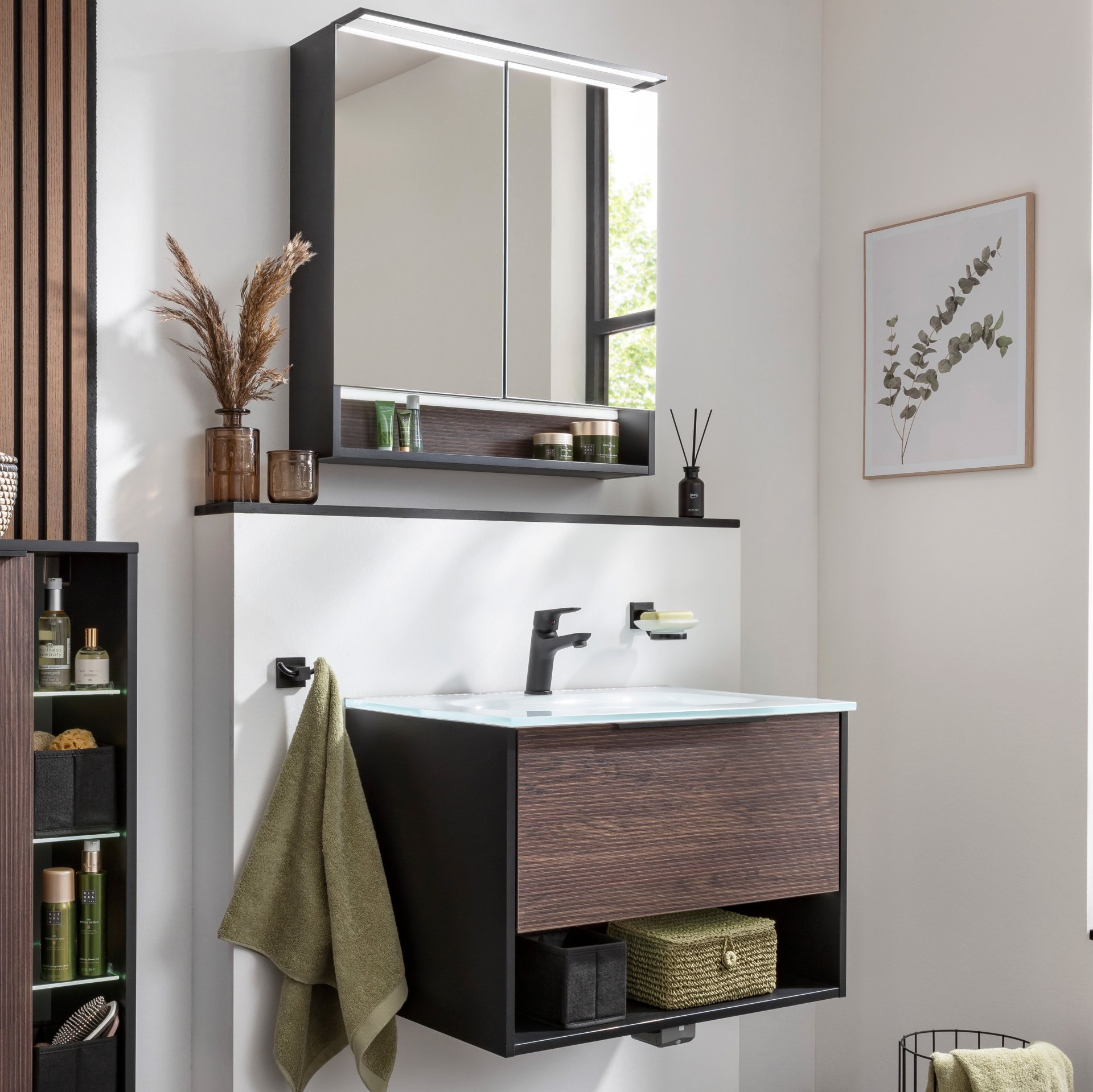 FACKELMANN B.PARIS Waschtisch Set mit Spiegelschrank 70 cm breit, Braun dunkel/Schwarz, Waschbecken Glas Weiß