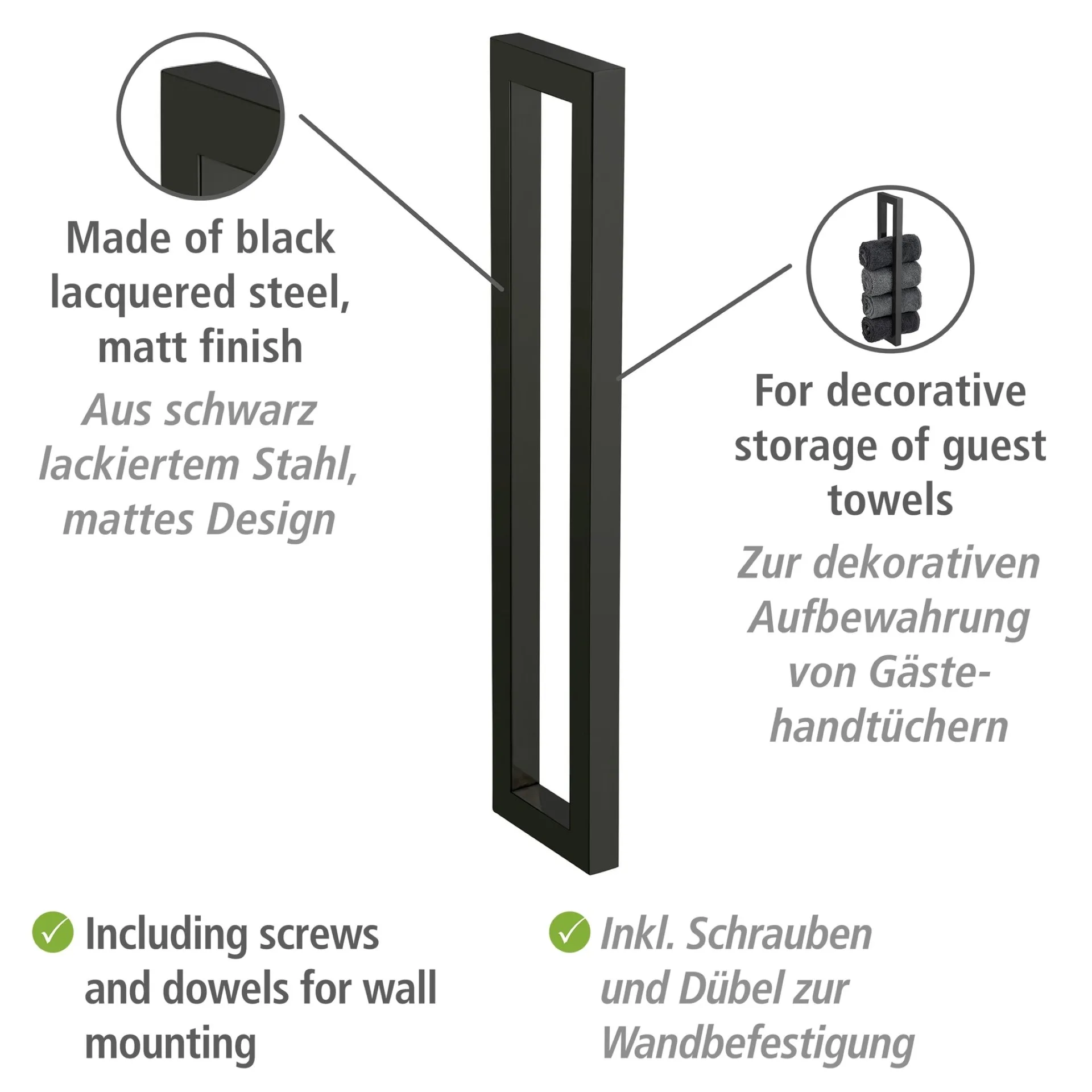 WENKO REITANI Handtuchhalter, Schwarz matt, Edelstahl