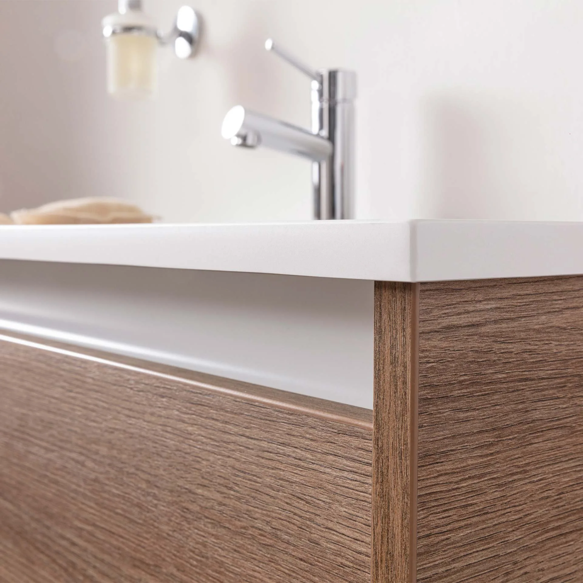 FACKELMANN VITA Waschbecken mit Unterschrank 101 cm breit, Braun hell, Waschbecken Gussmarmor Weiß matt