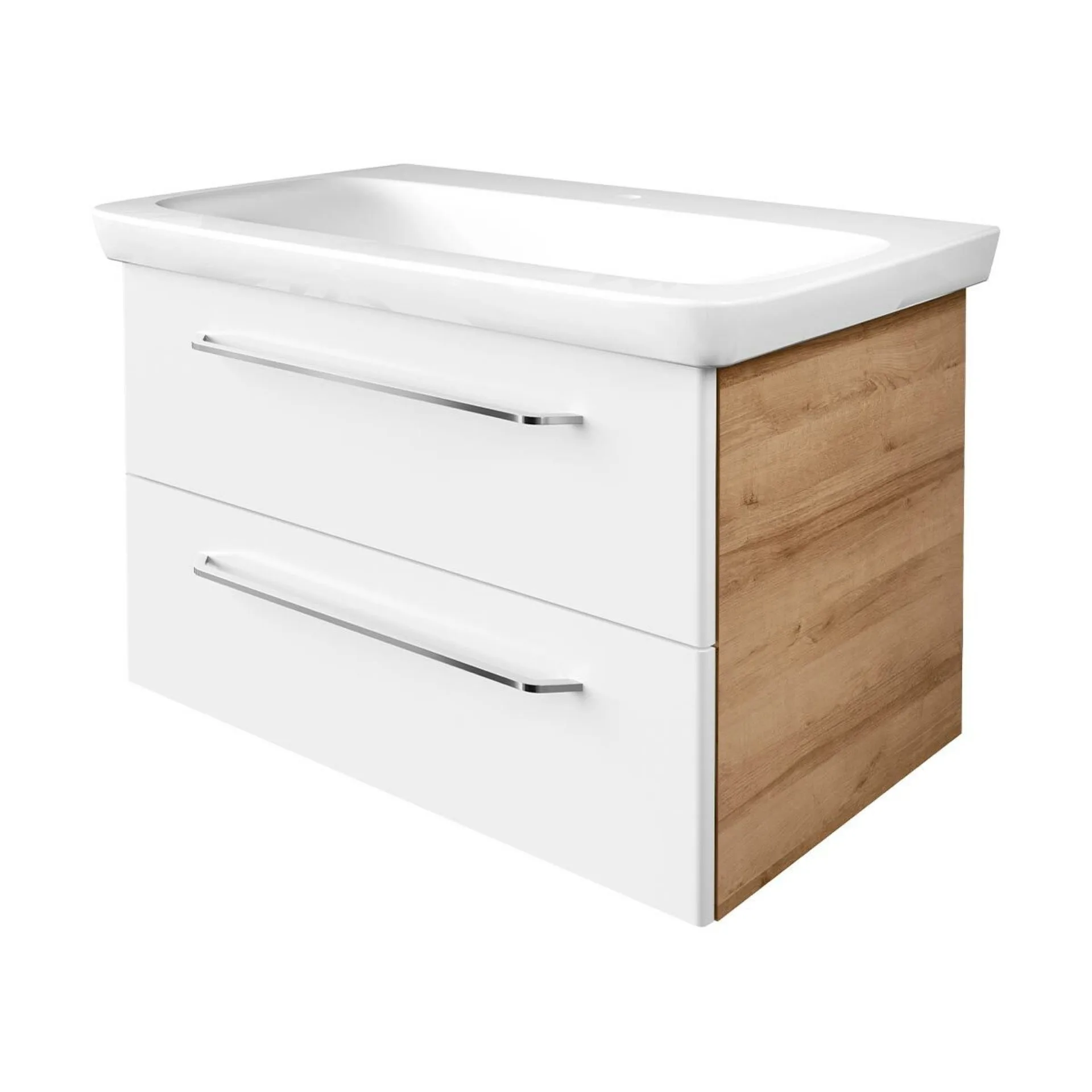FACKELMANN MILANO Waschbecken mit Unterschrank 88 cm breit, Weiß/Braun hell, Waschbecken Keramik Weiß
