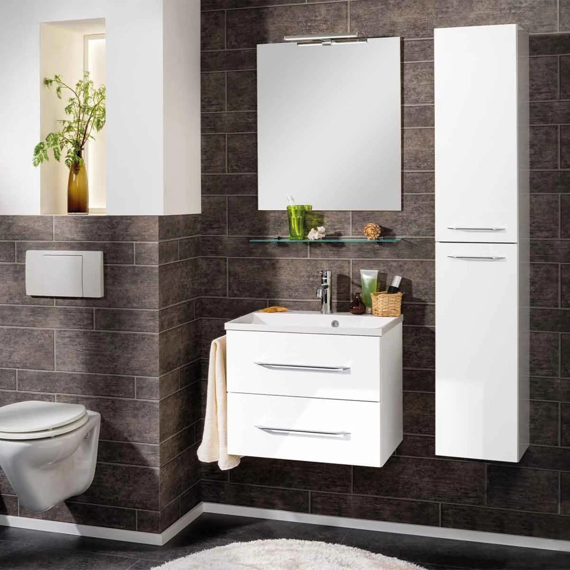 FACKELMANN B.CLEVER Waschbecken mit Unterschrank 60 cm breit, Weiß, Waschbecken Gussmarmor Weiß