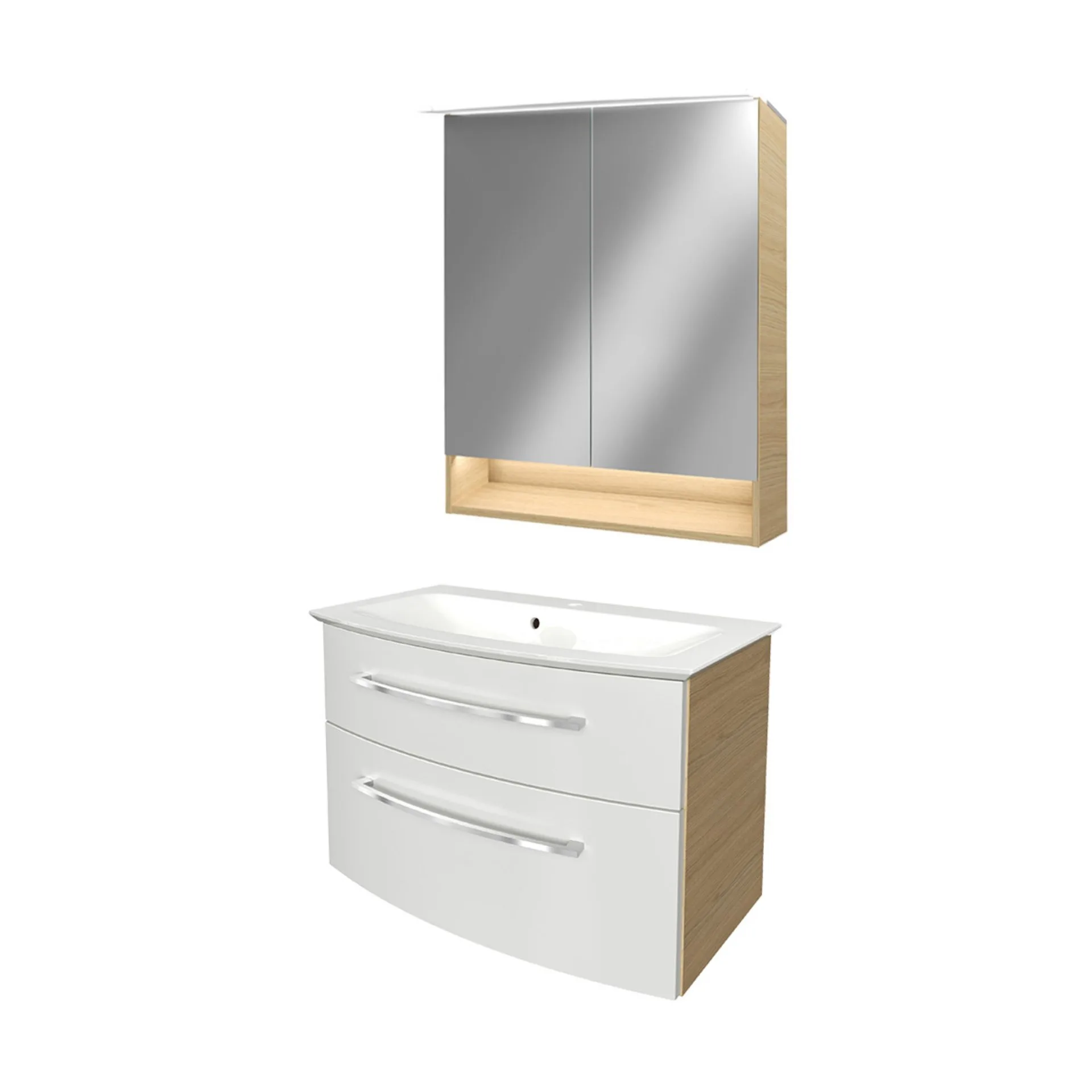 FACKELMANN B.STYLE Waschtisch Set mit Spiegelschrank 80 cm breit, Weiß/Braun, Waschbecken Gussmarmor Weiß