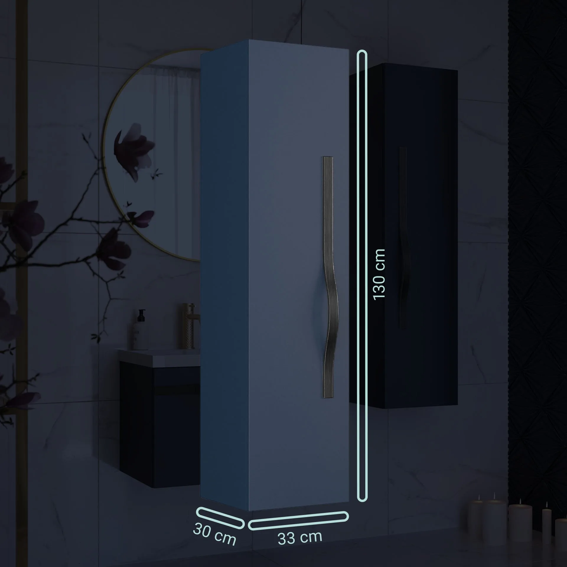 BADEDU FILS Hochschrank 33 cm breit, Blau, Griff Schwarz