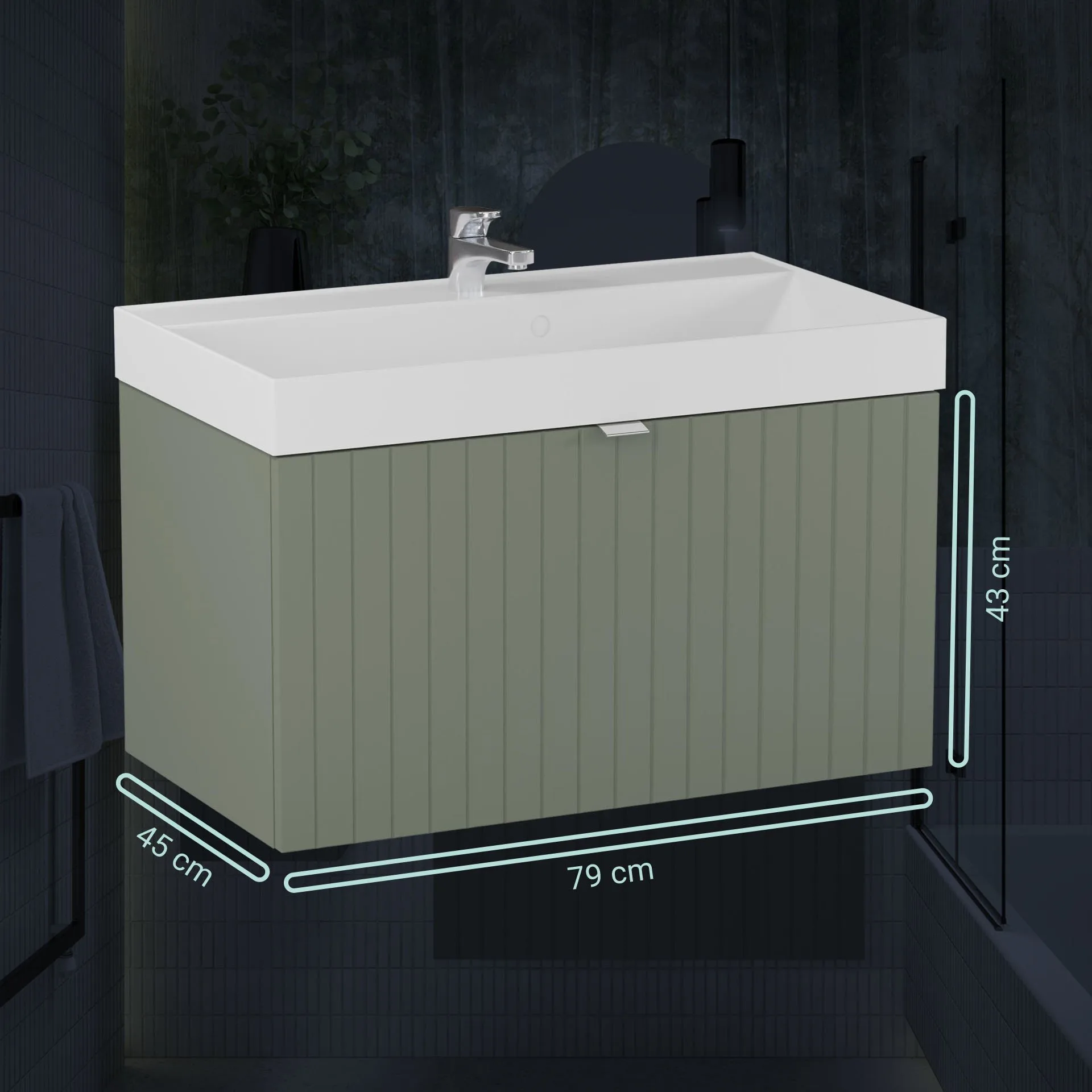 BADEDU ESLA Waschbecken mit Unterschrank 79 cm breit, Grün, Waschbecken Gussmarmor Weiß