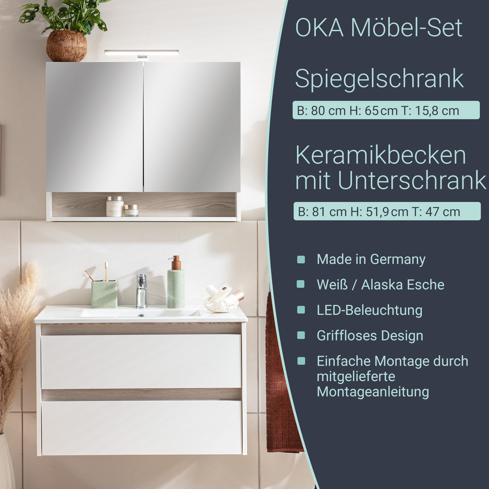 BADEDU OKA Waschtisch Set mit Spiegelschrank 81 cm breit, Weiß/Braun, Waschbecken Keramik Weiß + LED Aufsatzleuchte