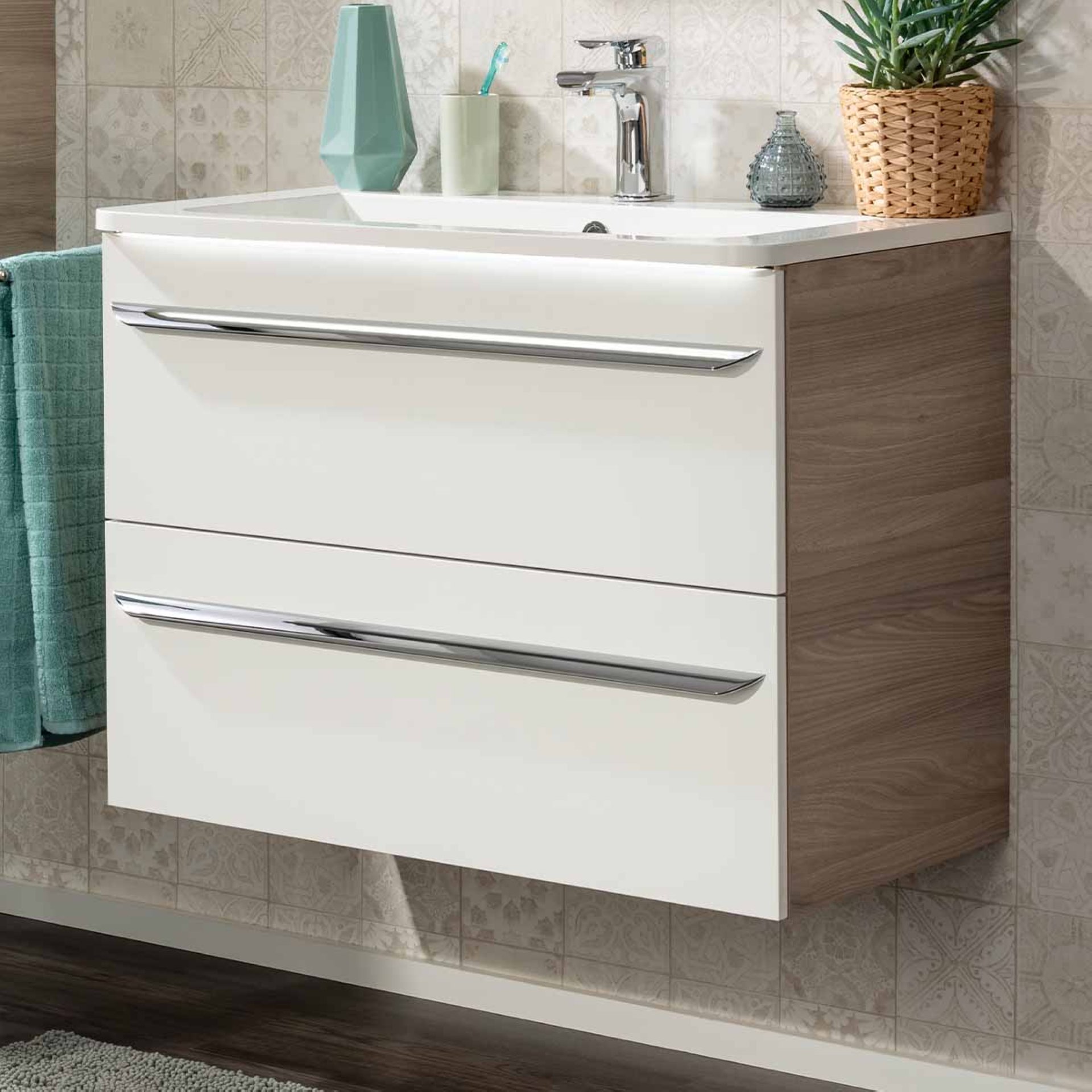 Fackelmann LUXOR Badmöbel Set 2-teilig 80 cm, Braun/Weiß, Gussmarmor