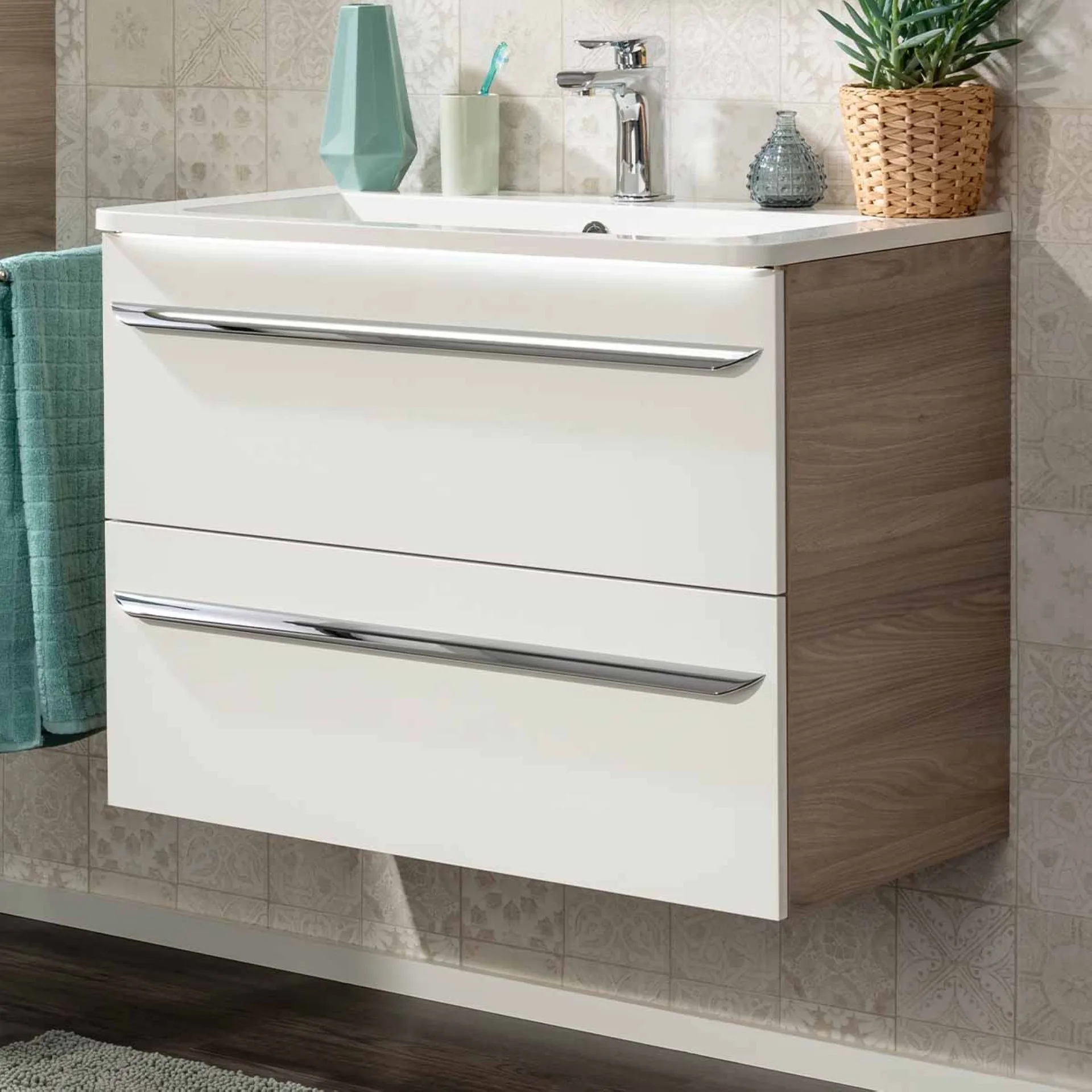 FACKELMANN LUXOR Waschbecken mit Unterschrank 80 cm breit, Weiß/Braun hell, Waschbecken Gussmarmor Weiß