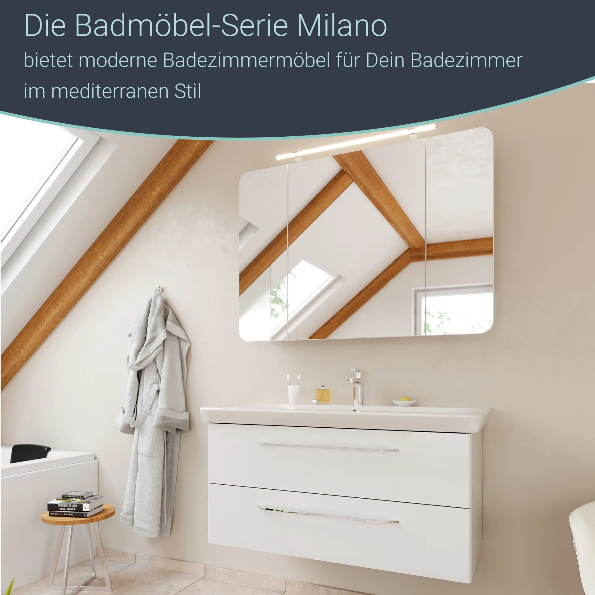 FACKELMANN MILANO Waschbecken mit Unterschrank 107 cm breit, Weiß, Waschbecken Keramik Weiß