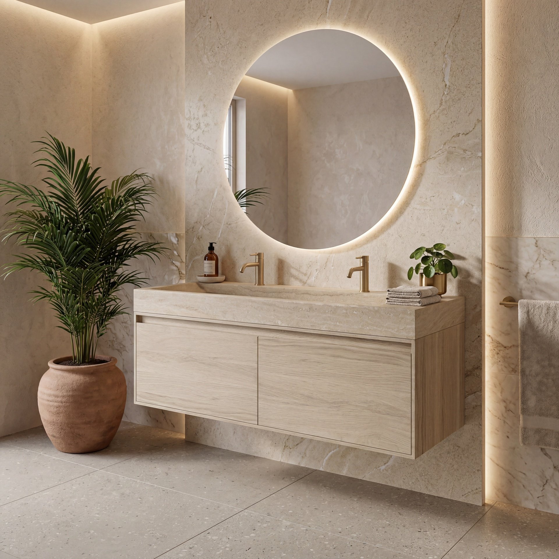 FORZALAQUA IBIZA BELLEZZA Waschbecken mit Unterschrank 120 cm breit , Braun hell, Natursteinwaschbecken Travertin matt mit zwei Hahnlöchern, 2 Schubladen