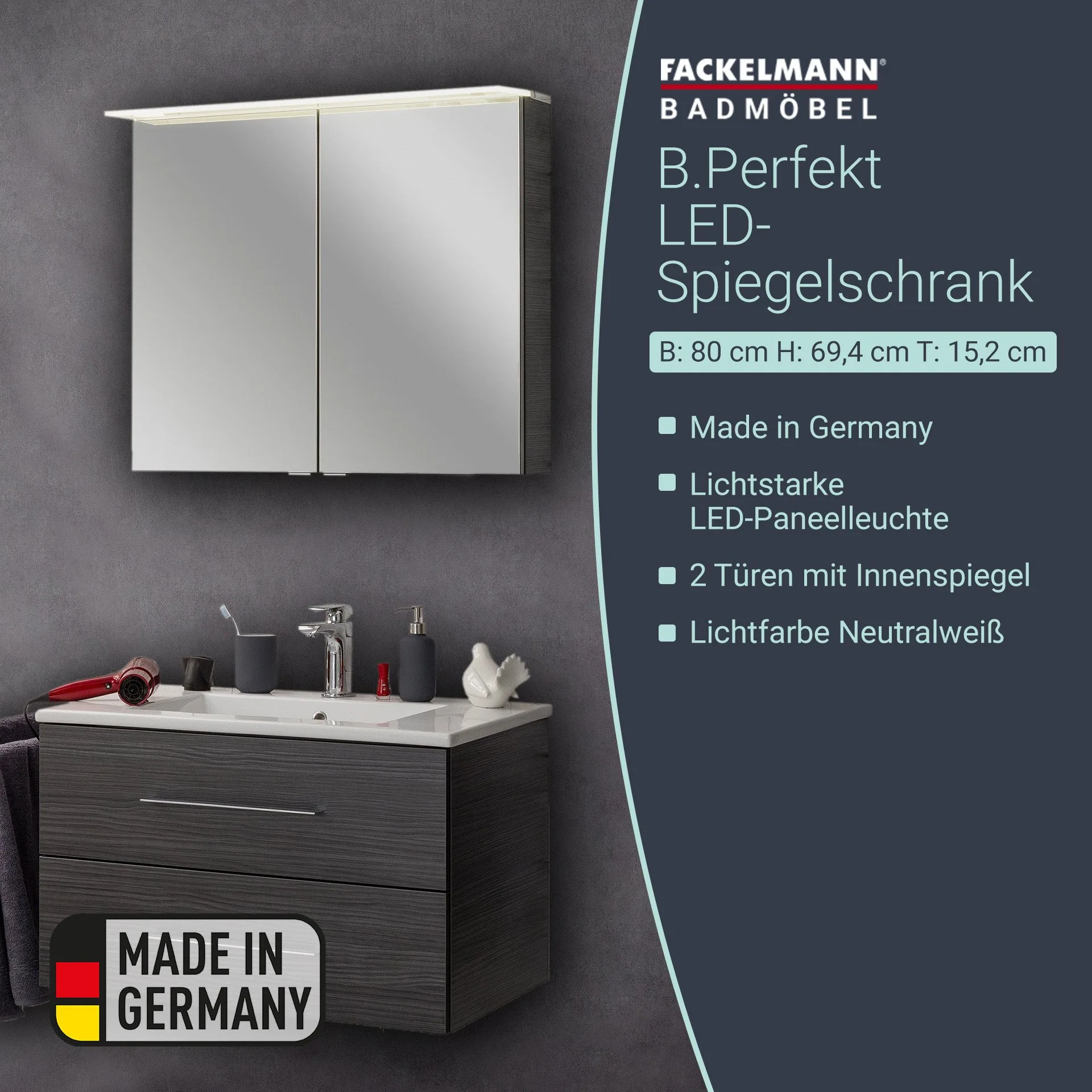 Fackelmann B.PERFEKT LED Spiegelschrank 80 cm breit, Anthrazit