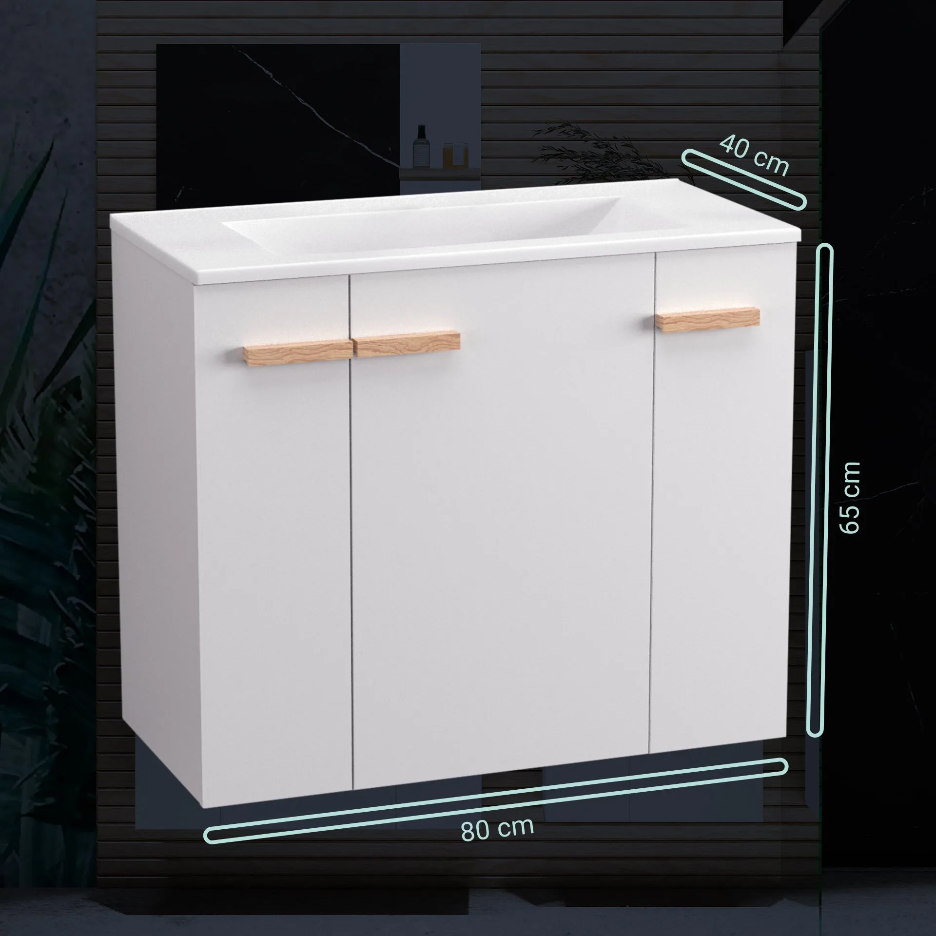 BADEDU HIERA Waschbecken mit Unterschrank 80 cm breit, Weiß, Waschbecken Keramik Weiß