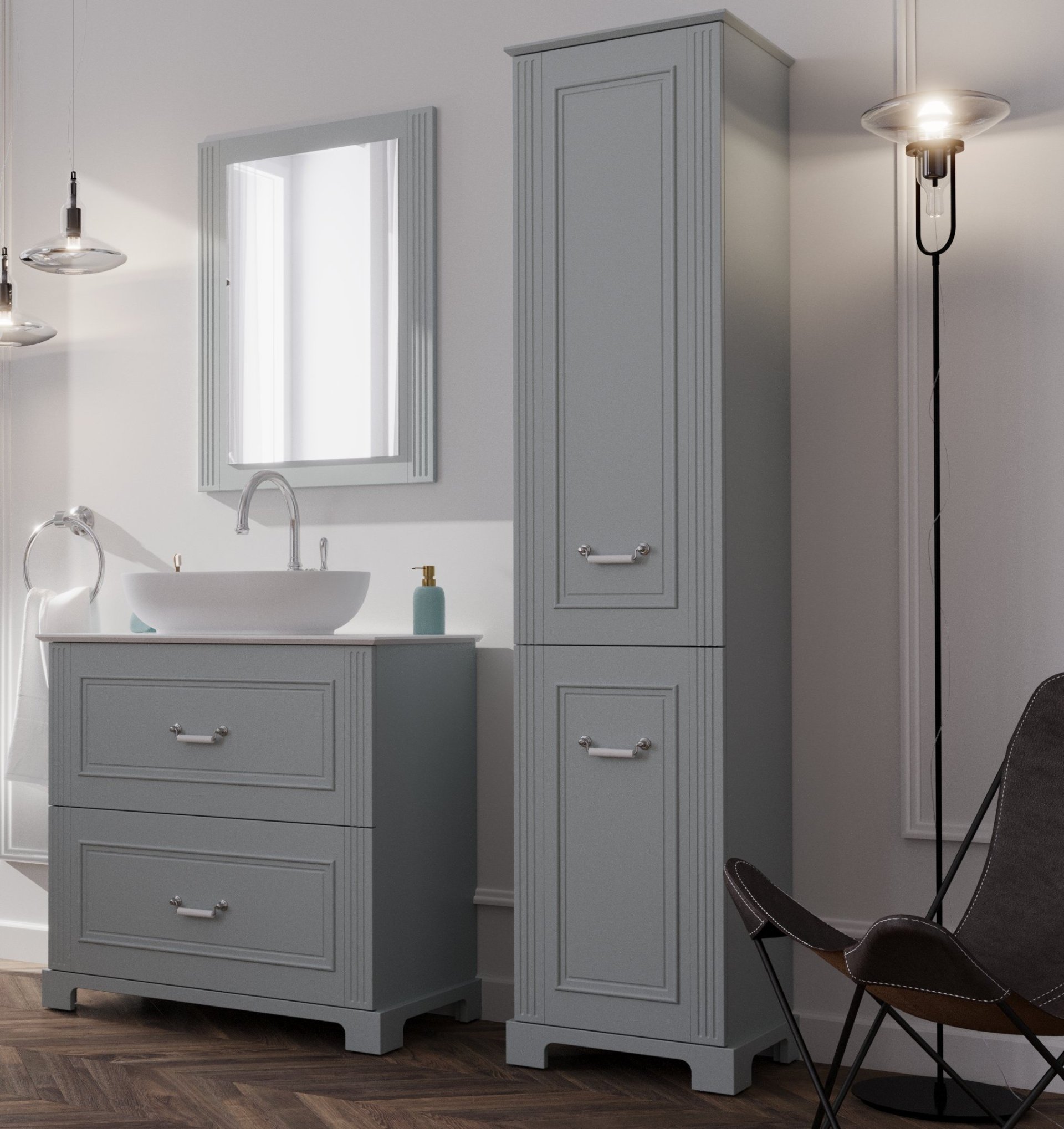 BADEDU RILA Hochschrank 43 cm breit, Grau matt, mit Füßen