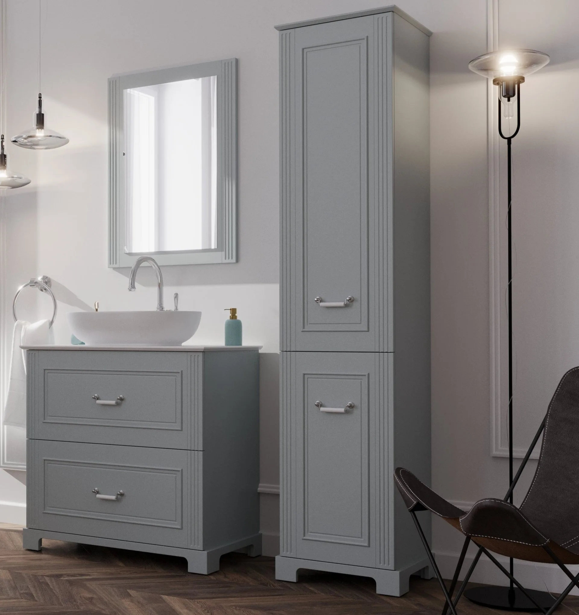 BADEDU RILA Hochschrank 43 cm breit, Grau matt, mit Füßen