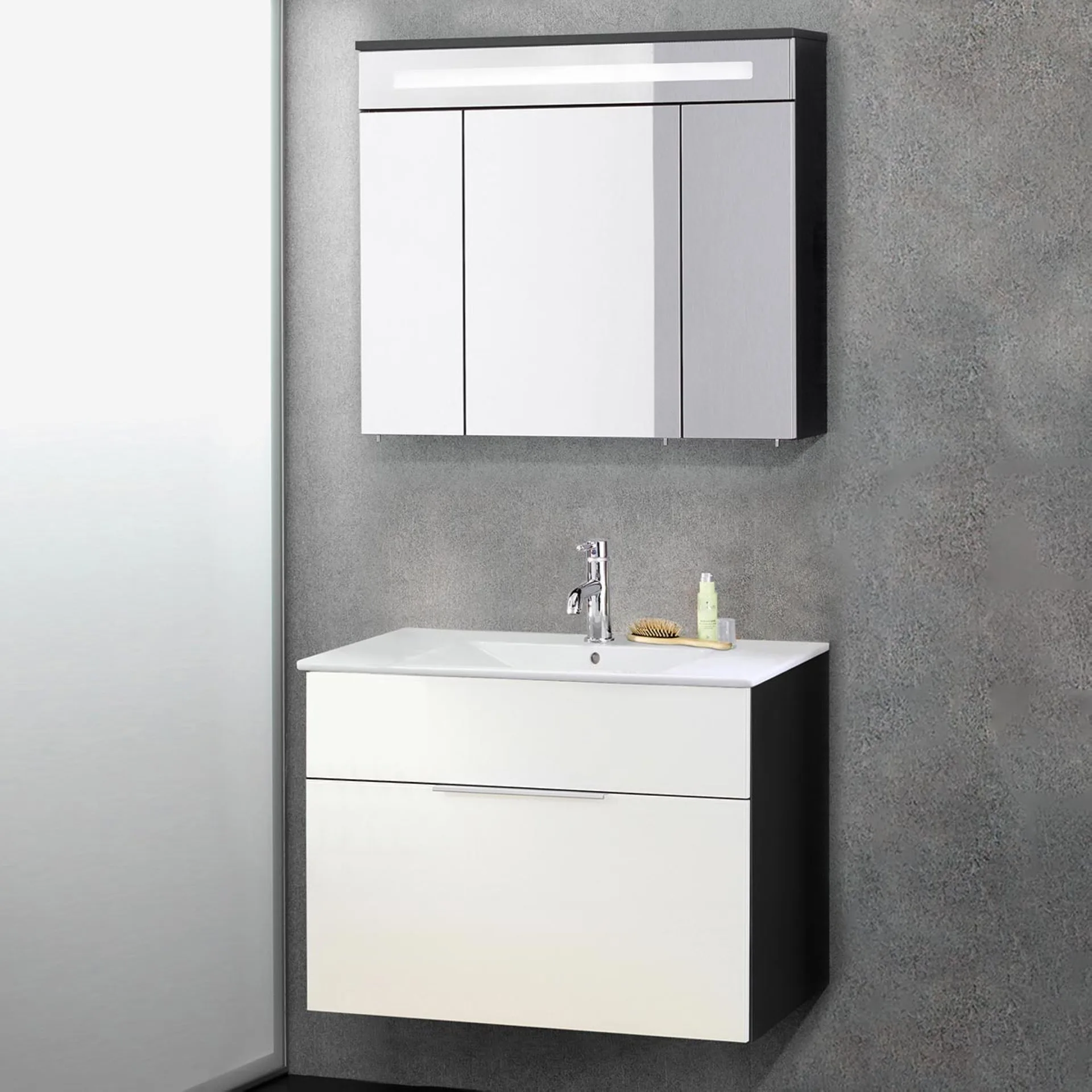 FACKELMANN KARA Waschtisch Set mit Spiegelschrank 80 cm breit, Weiß/Anthrazit, Waschbecken Keramik Weiß, 1 Schublade
