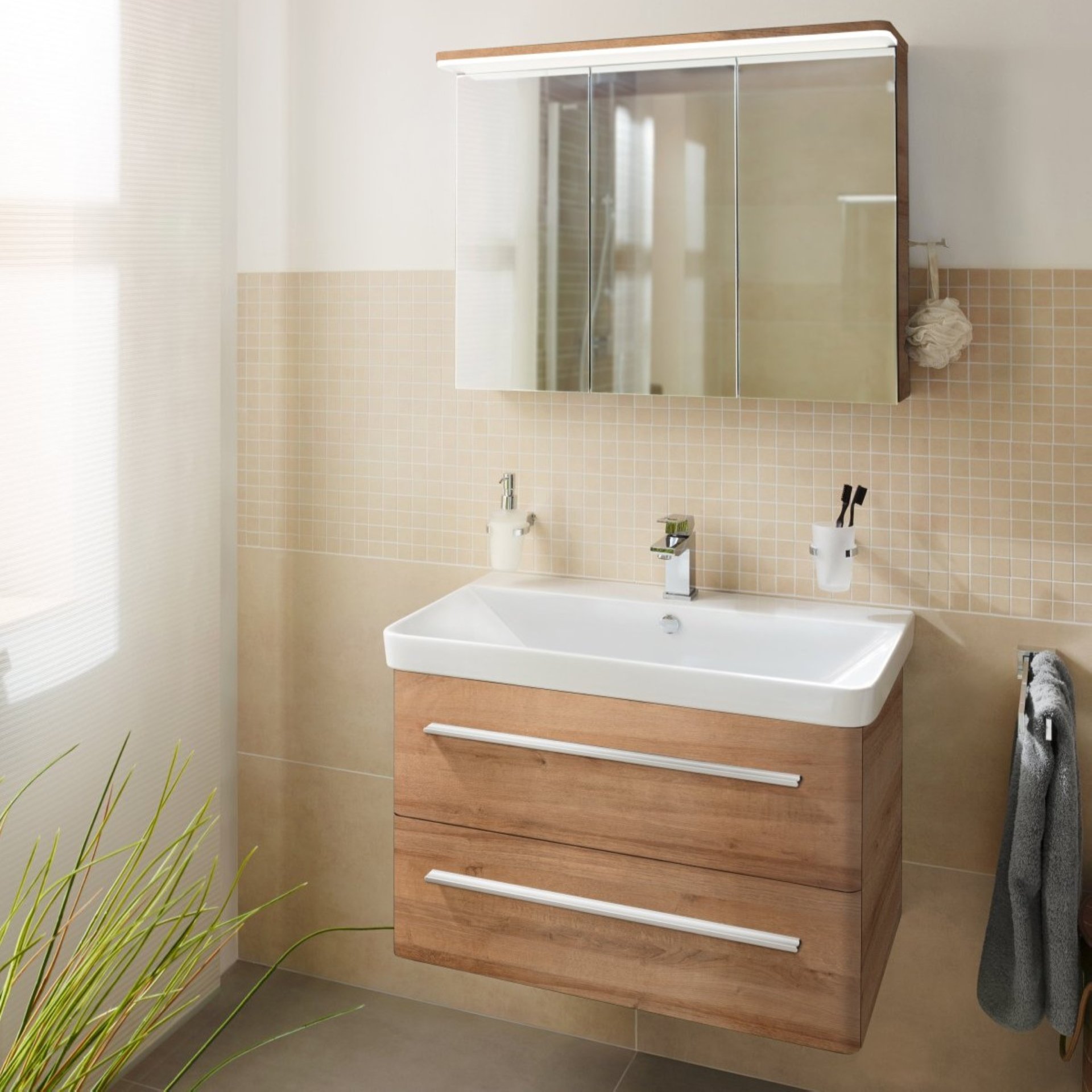 Lanzet K8 Badmöbel Set 3-teilig, 80 cm, Hellbraun, mit Spiegelschrank