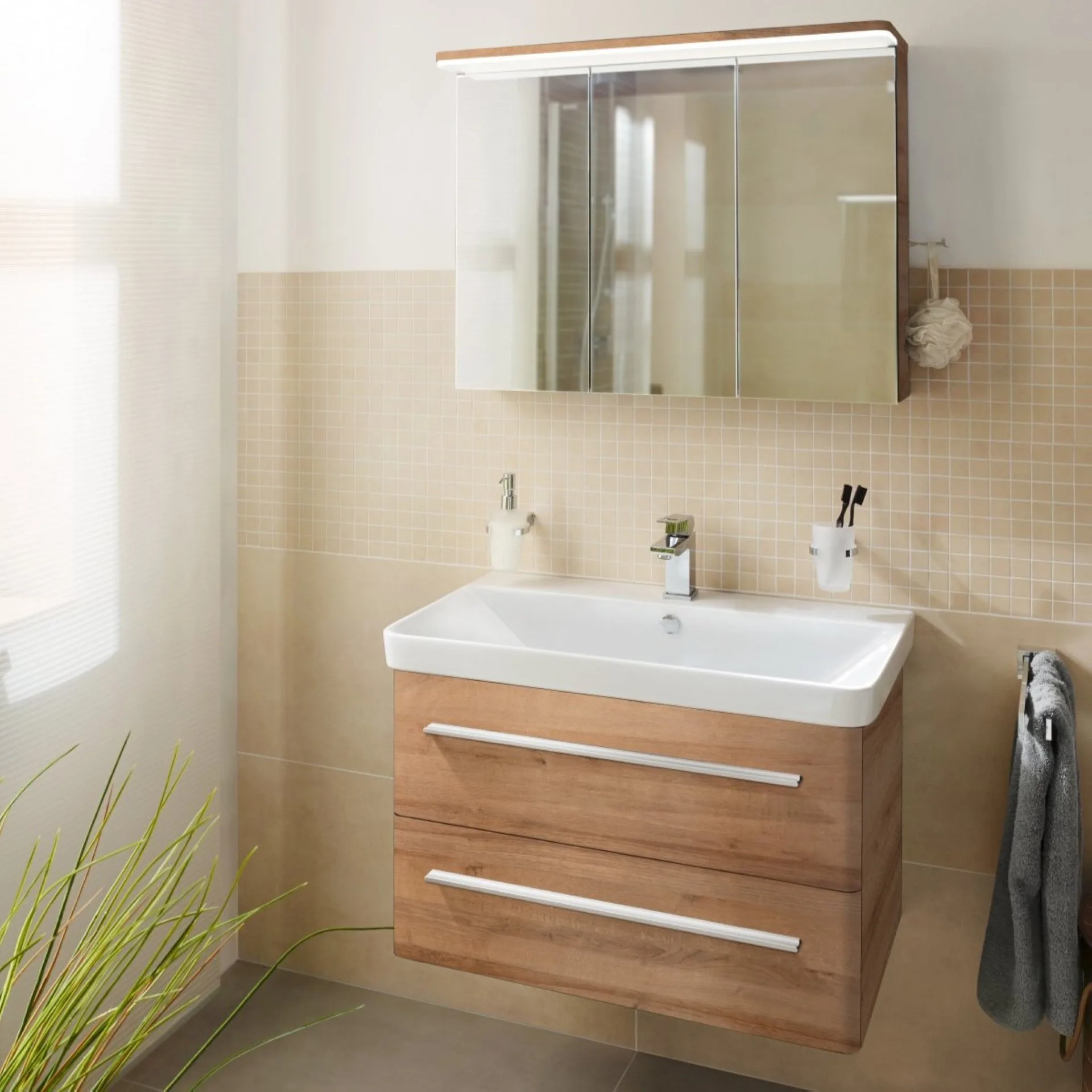 LANZET K8 Waschtisch Set mit Spiegelscharnk 80 cm breit, Braun hell, Waschbecken Keramik Weiß