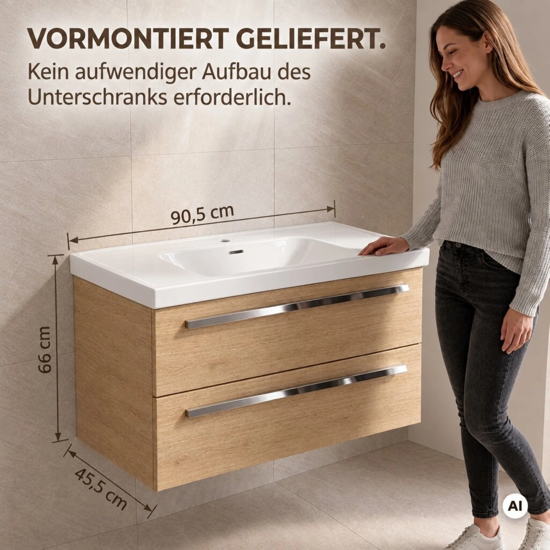 BADEDU TESSANO Waschbecken mit Unterschrank 90 cm breit, Braun hell, Waschbecken Keramik Weiß