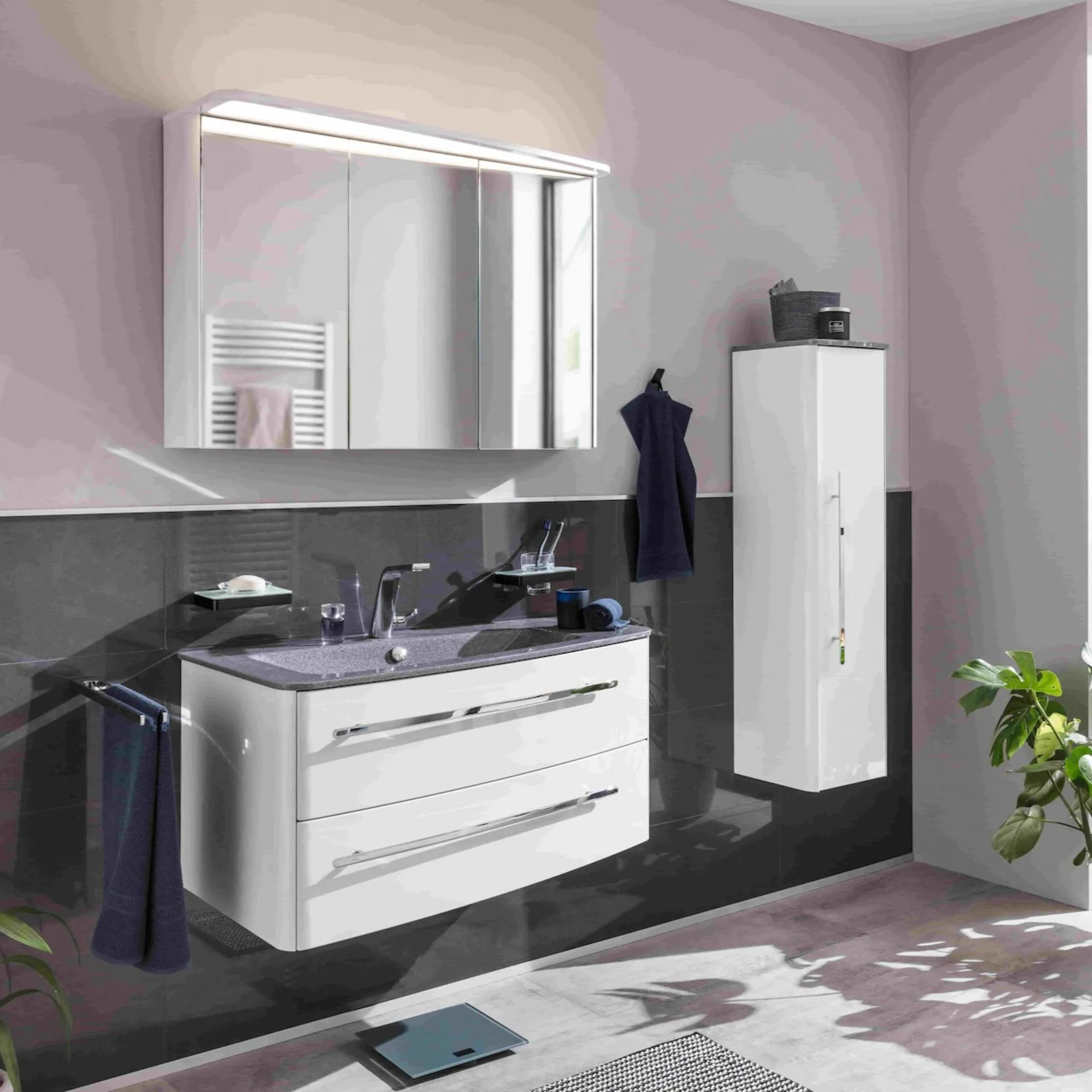 LANZET CLASSICO Waschbecken mit Unterschrank 100 cm breit, Weiß, Waschbecken Gussmarmor Grau