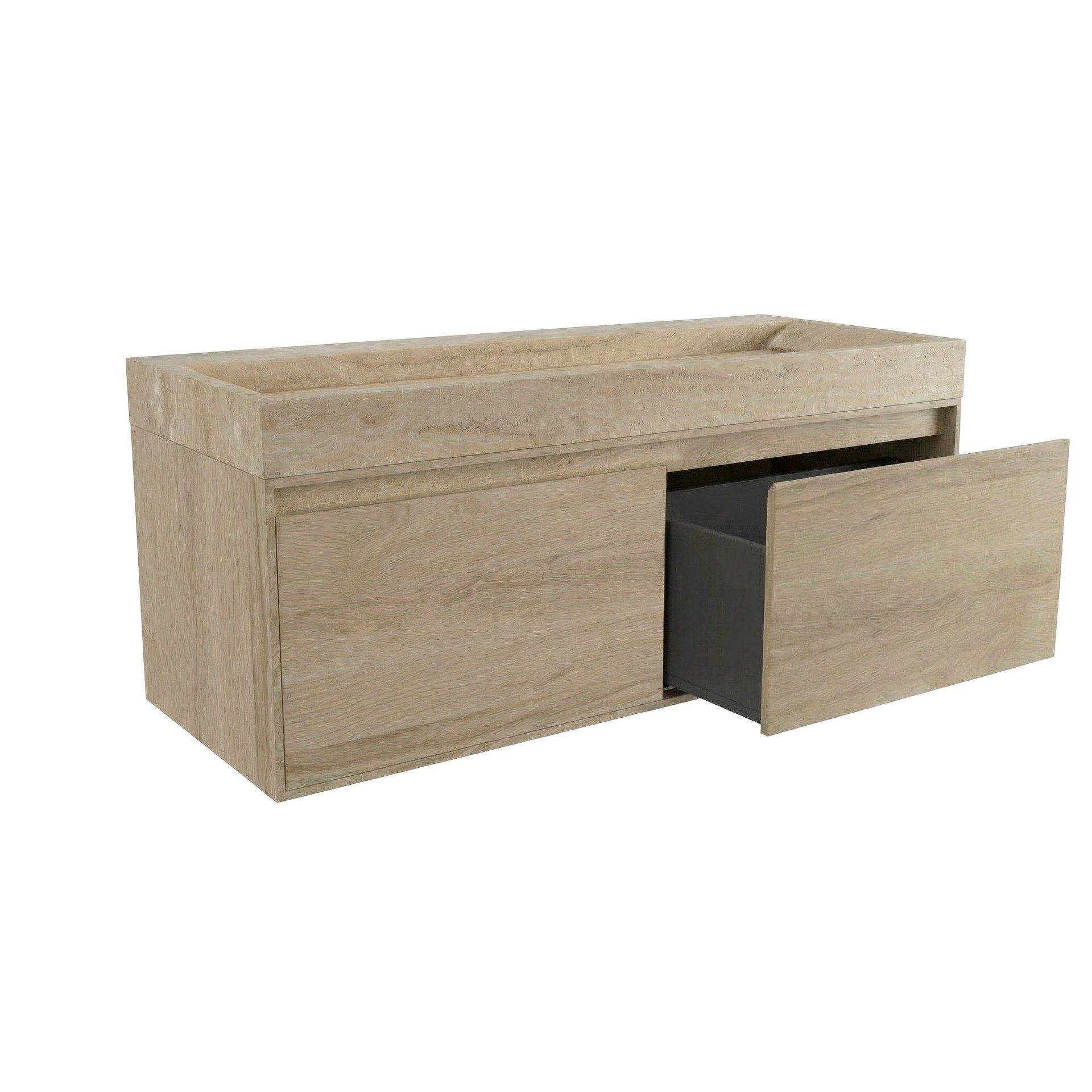FORZALAQUA IBIZA BELLEZZA Waschbecken mit Unterschrank 120 cm breit, Braun hell, Natursteinwaschbecken Travertin matt ohne Hahnloch, 2 Schubladen