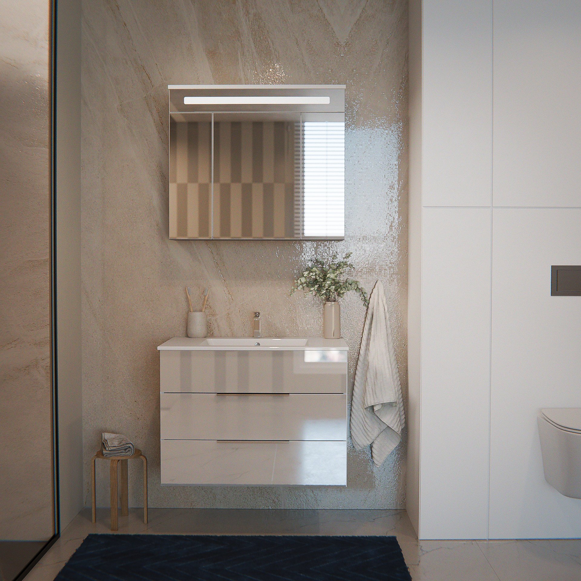 FACKELMANN KARA Waschtisch Set mit Spiegelschrank 80 cm breit, Weiß, Waschbecken Keramik Weiß, 2 Schubladen