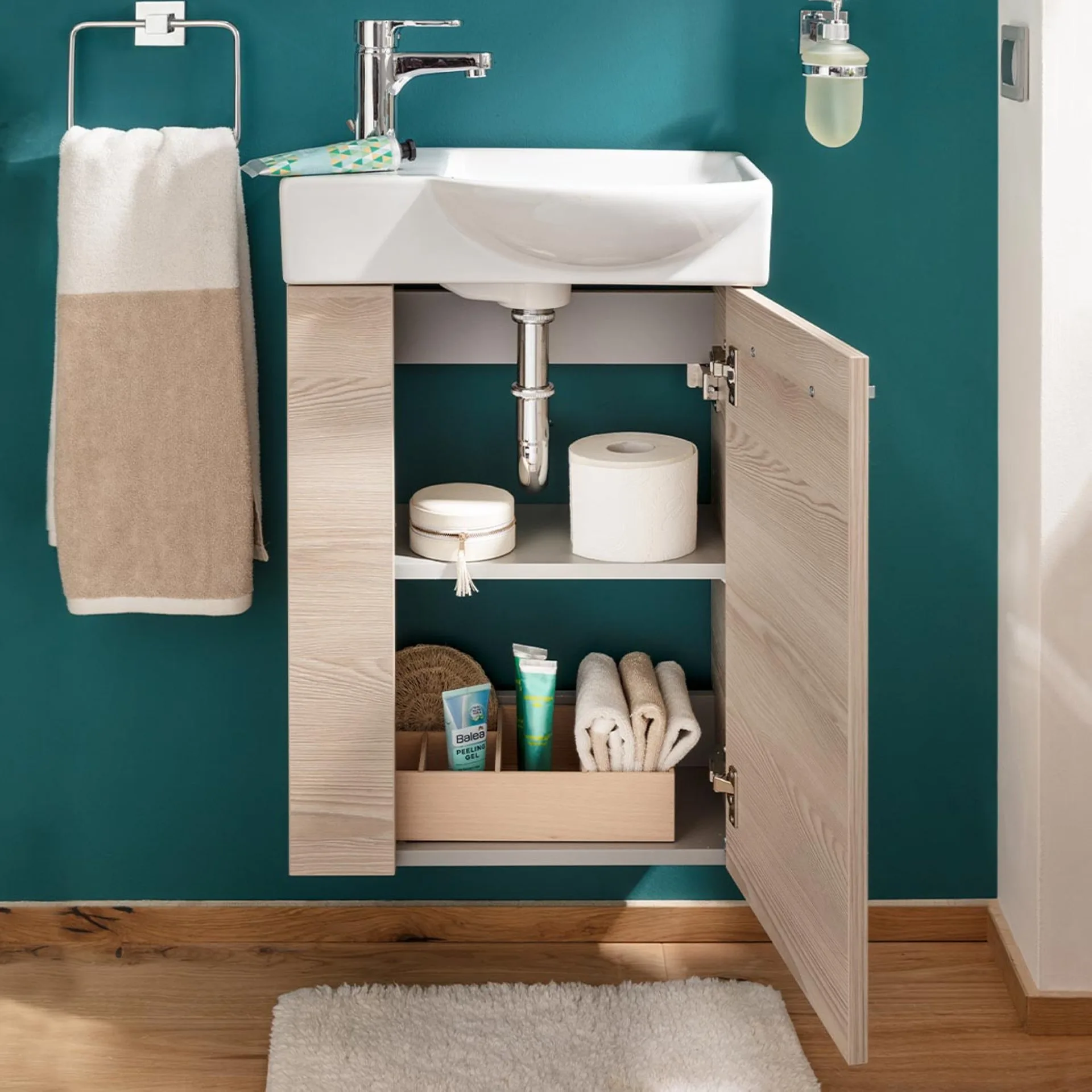 FACKELMANN SBC B.CLEVER Gäste WC Waschtisch Set 45 cm breit, Braun hell, Waschbecken Keramik Weiß, Türanschlag rechts