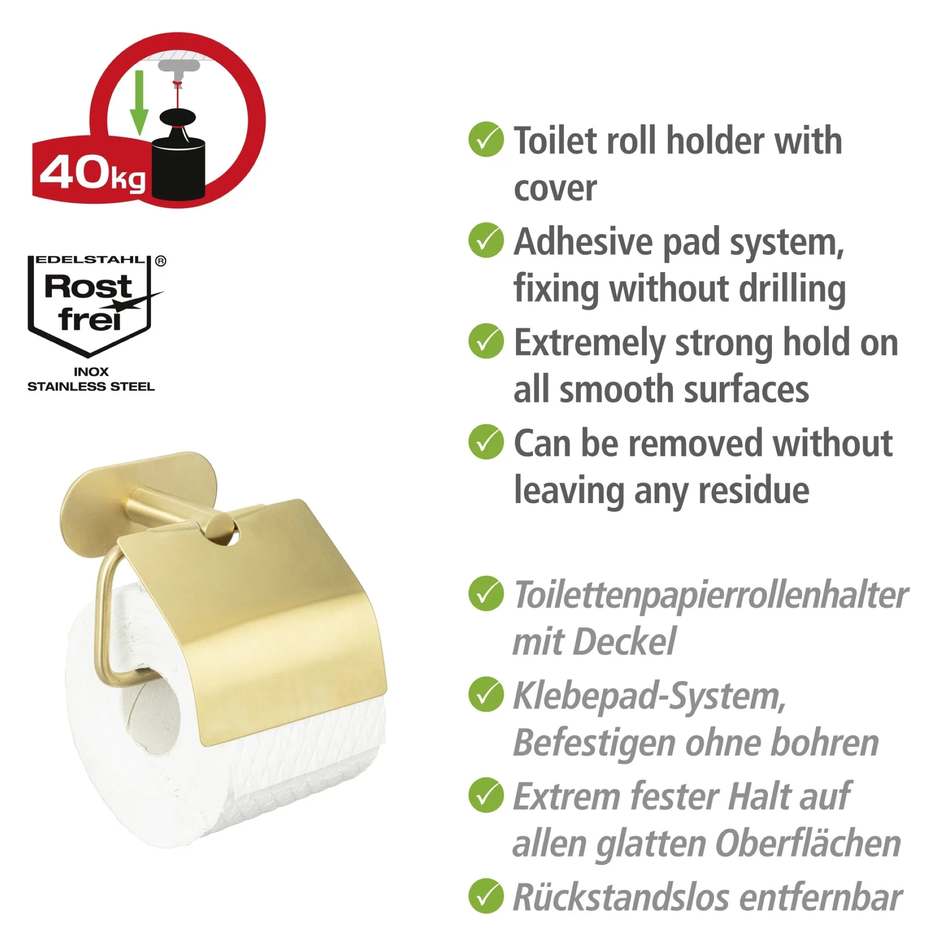 WENKO OREA Toilettenpapierhalter, Gold matt, mit Deckel, Befestigen ohne Bohren