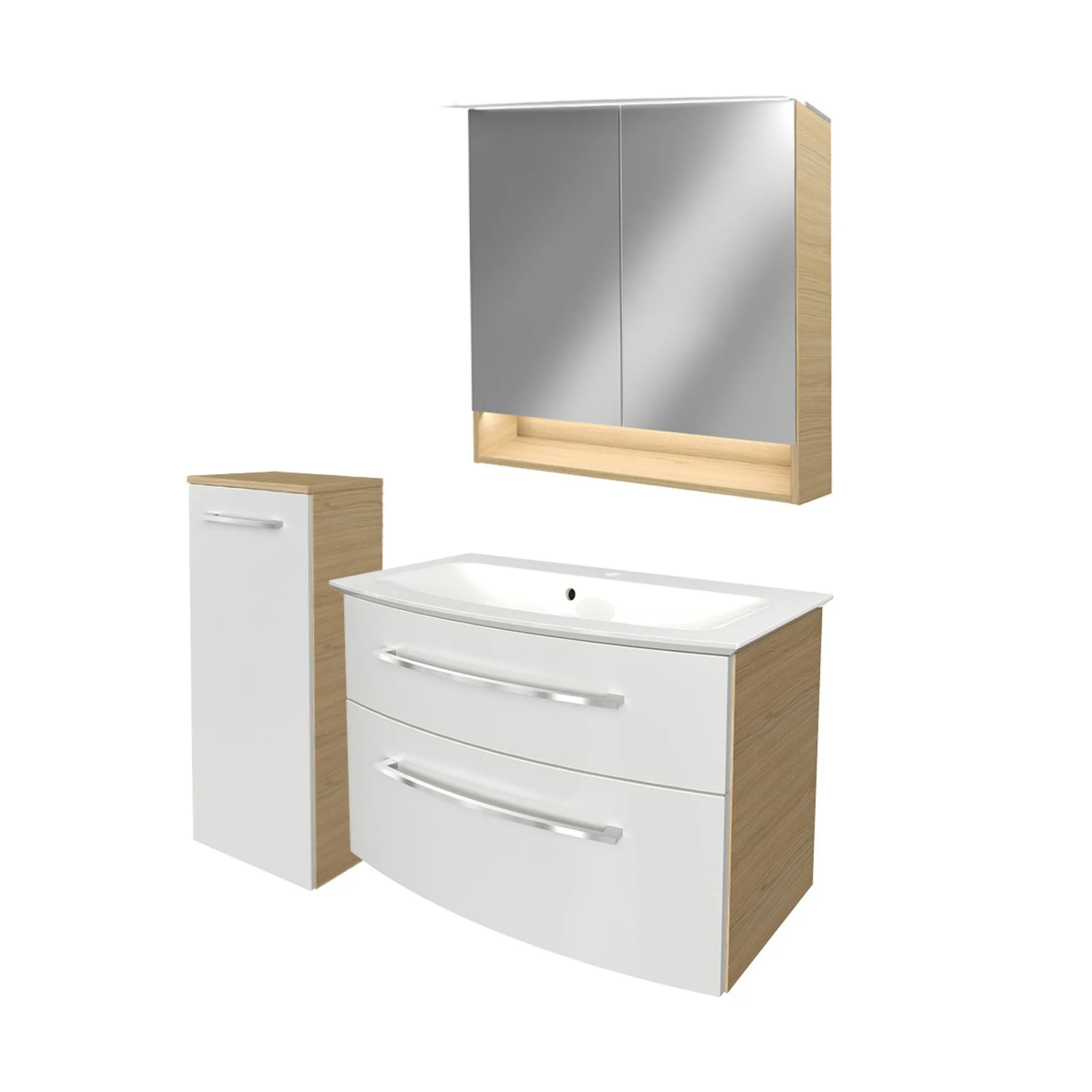 FACKELMANN B.STYLE Badmöbel Set 4-teilig 83 cm breit, Weiß/Braun, Waschbecken Gussmarmor Weiß + LED-Spiegelschrank + Midischrank Türanschlag links