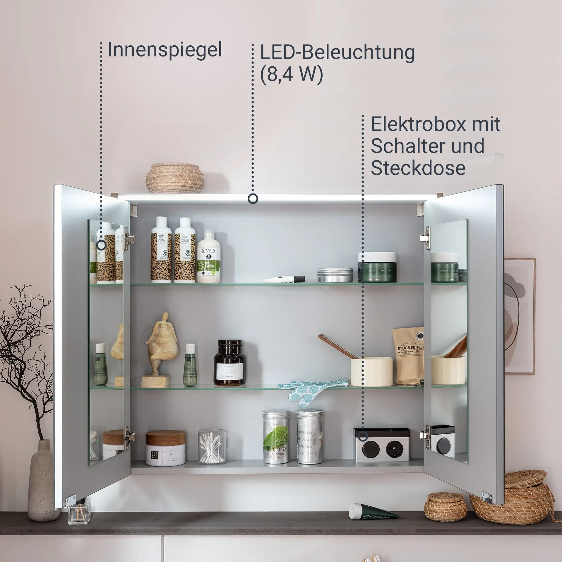FACKELMANN VERONA LED Spiegelschrank 80 cm breit, Weiß Hochglanz