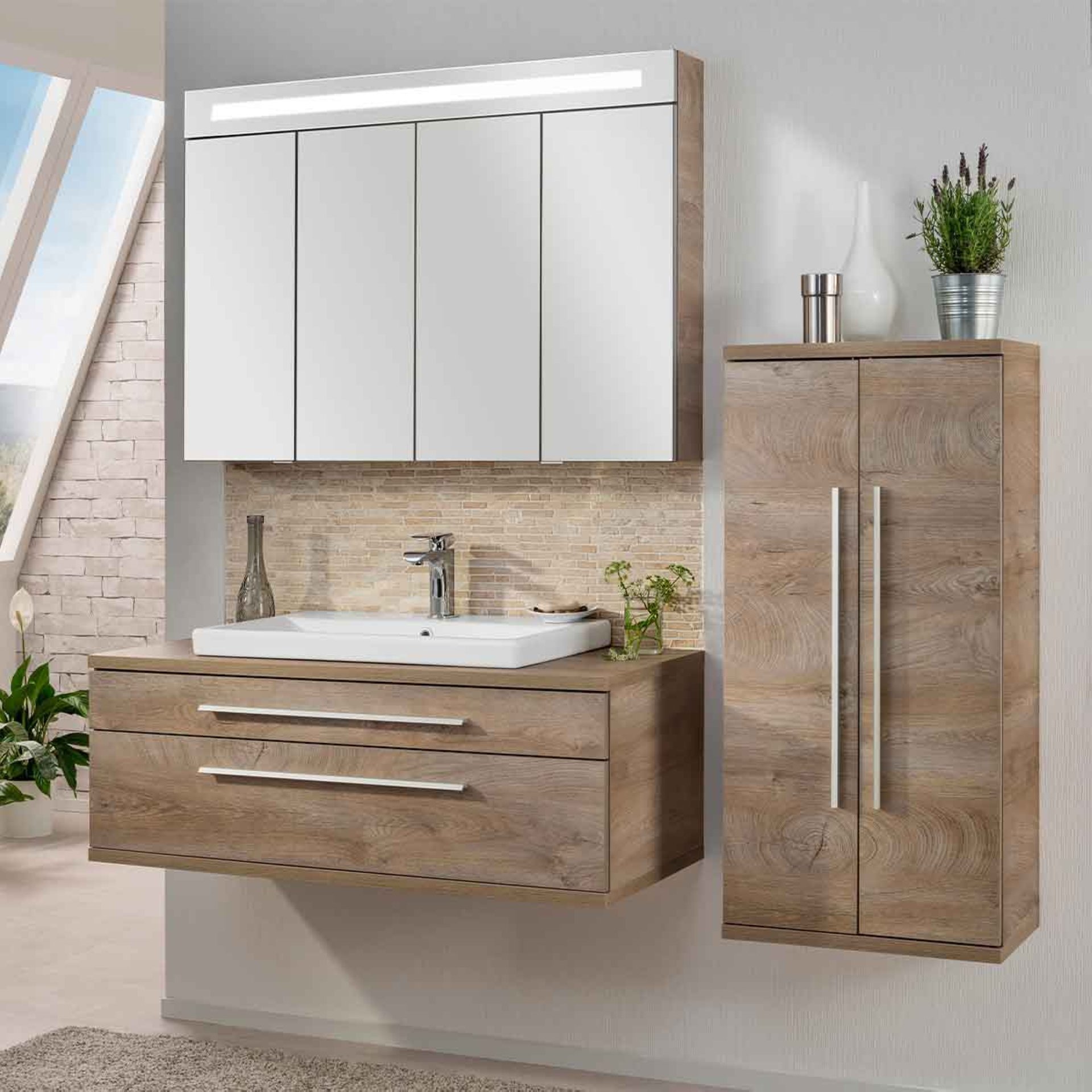 Fackelmann STANFORD Badmöbel Set 3-teilig,110 cm breit, Braun, Keramik + Spiegelschrank