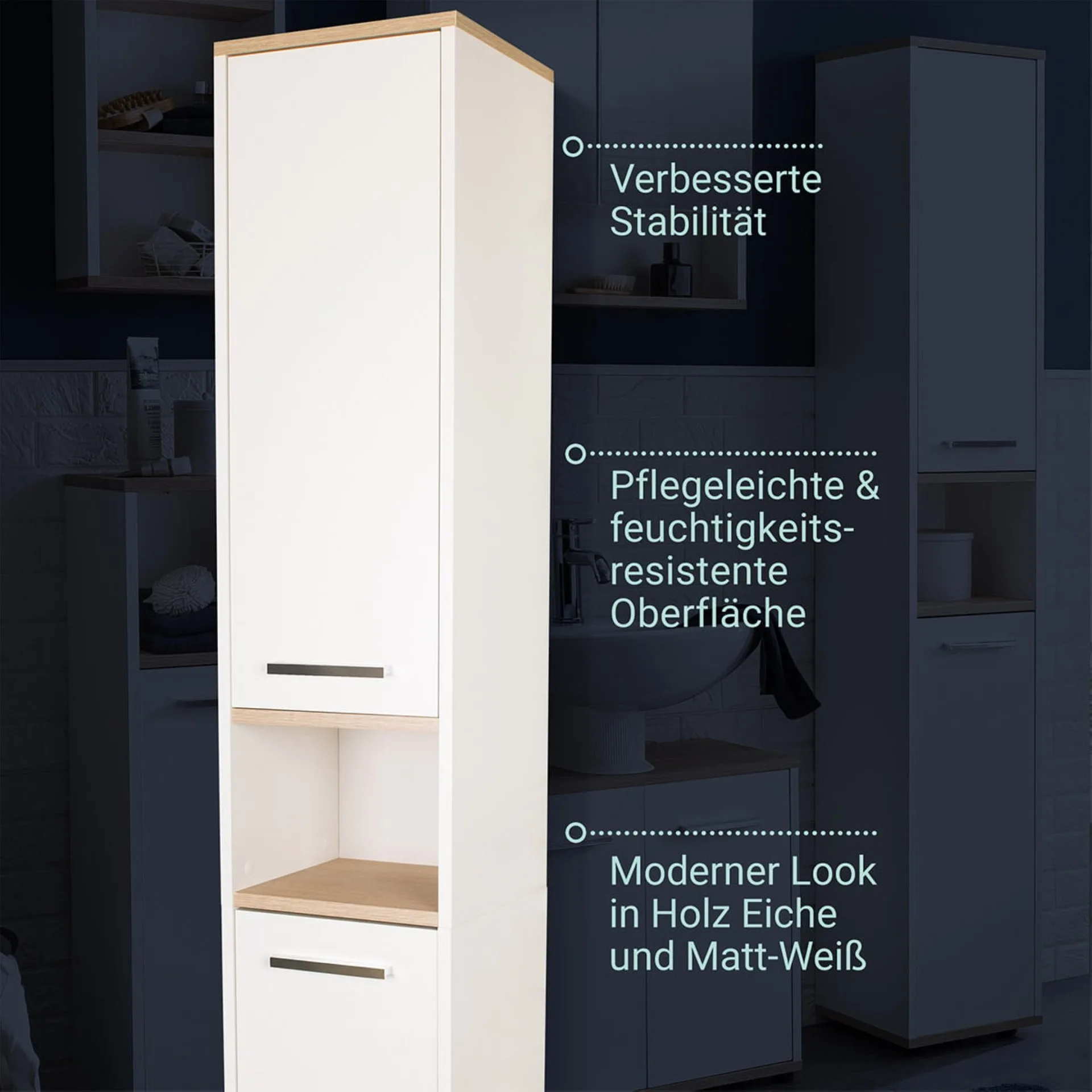 BADEDU ARC Hochschrank 30 cm breit, Weiß/Braun hell