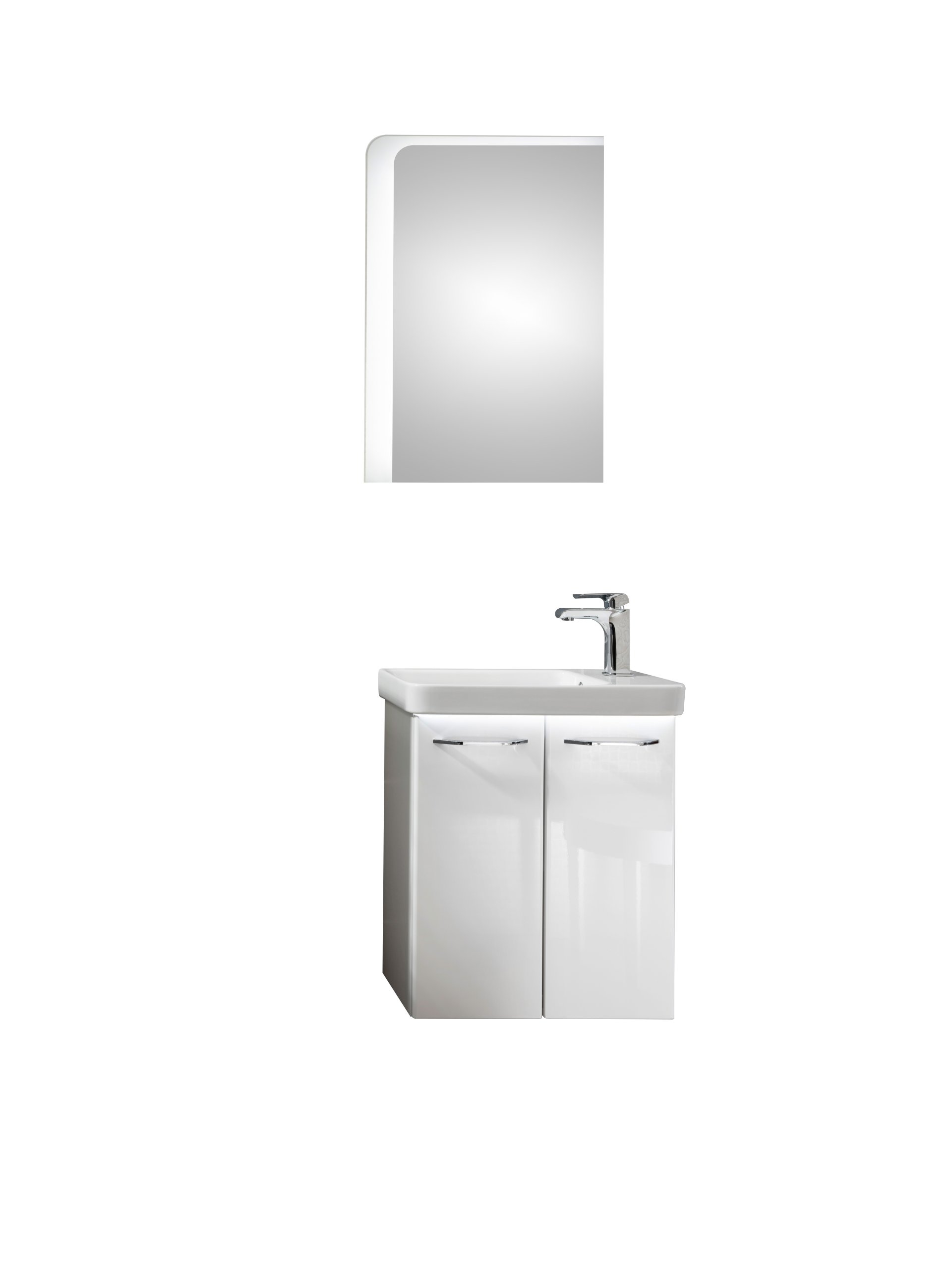 FACKELMANN MILANO Gäste WC Waschtisch Set mit Spiegel 55 cm breit, Weiß, Waschbecken Keramik Weiß + Waschbeckenbeleuchtung + Waschtischarmatur