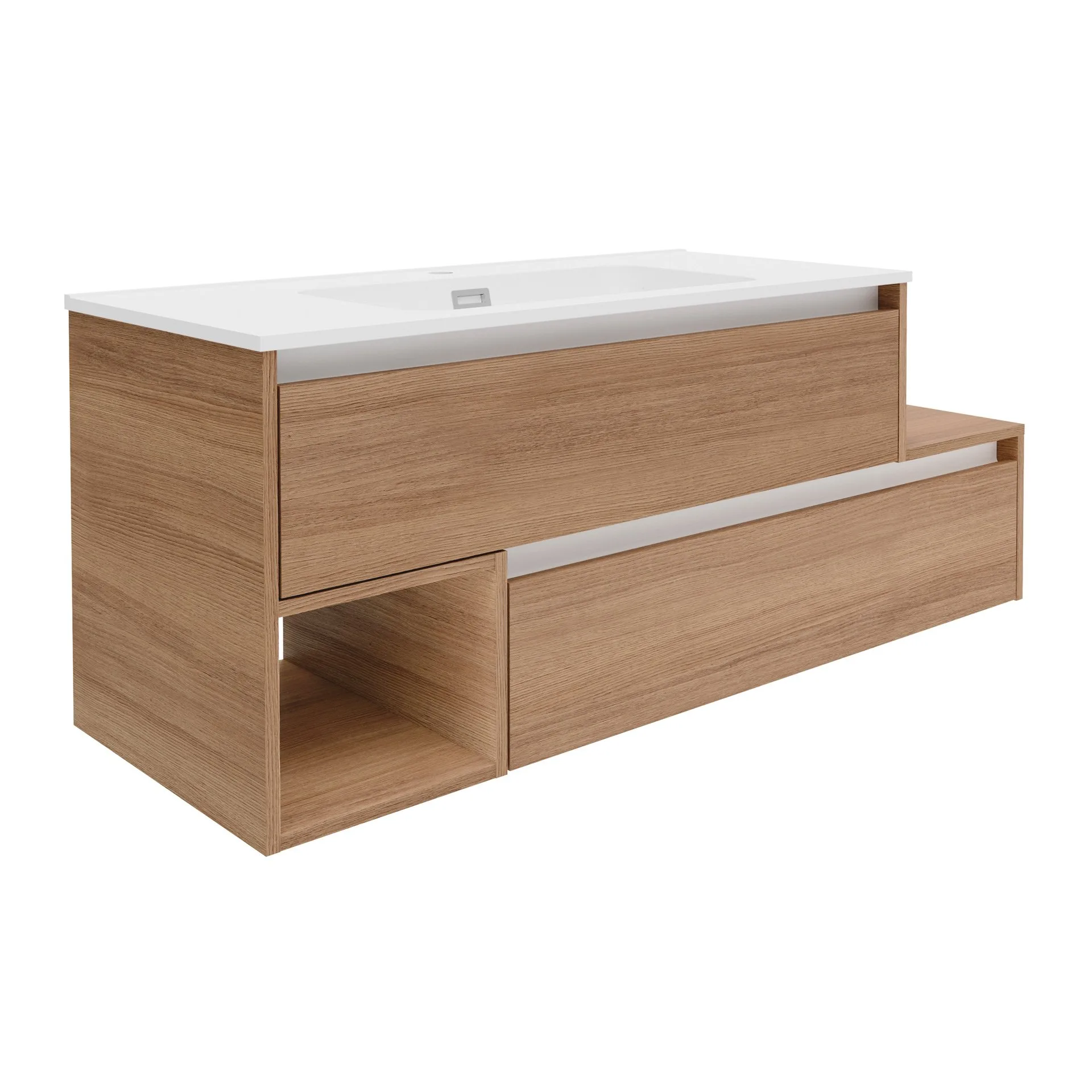 FACKELMANN VITA Waschbecken mit Unterschrank 129 cm breit, Braun hell, Waschbecken Gussmarmor Weiß matt, Ablage rechts, asymmetrisch