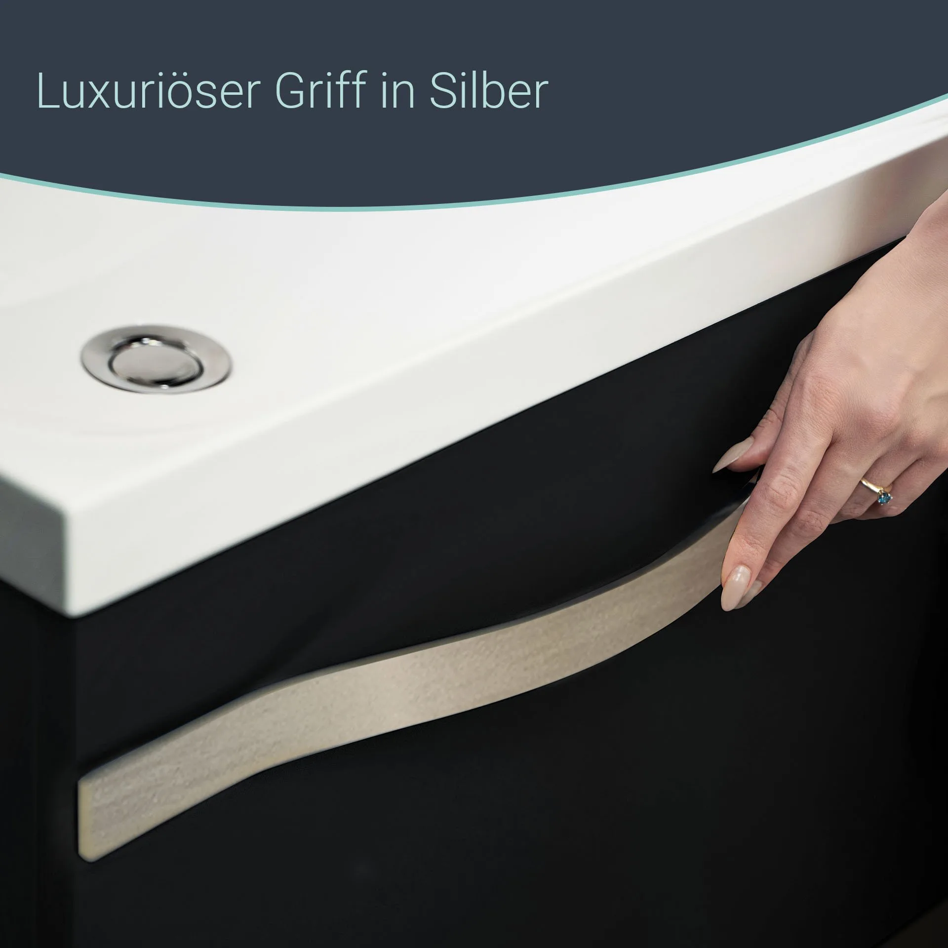 BADEDU FILS Waschbecken mit Unterschrank 69 cm breit, Schwarz, Waschbecken Gussmarmor Weiß, Griff Silber