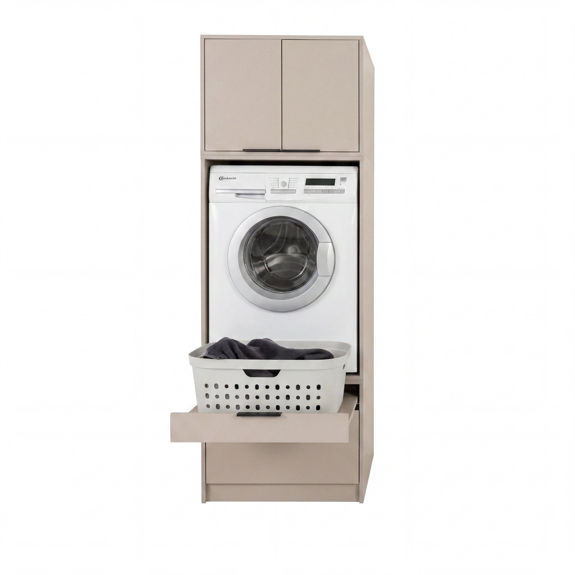 FACKELMANN Waschturm Set 3-teilig 65 cm breit, Grau, Trockner-/Waschmaschinenaufsatz + Aufsatzschrank + Unterbauschrank, mit Fuß