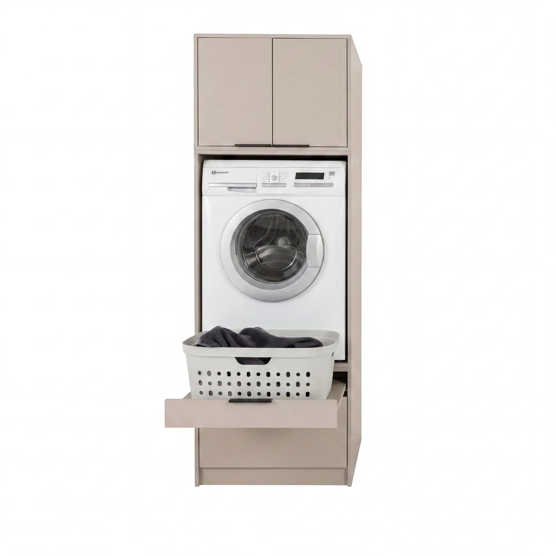FACKELMANN Waschturm Set 3-teilig 65 cm breit, Grau, Trockner-/Waschmaschinenaufsatz + Aufsatzschrank + Unterbauschrank, mit verstellbaren Füßen