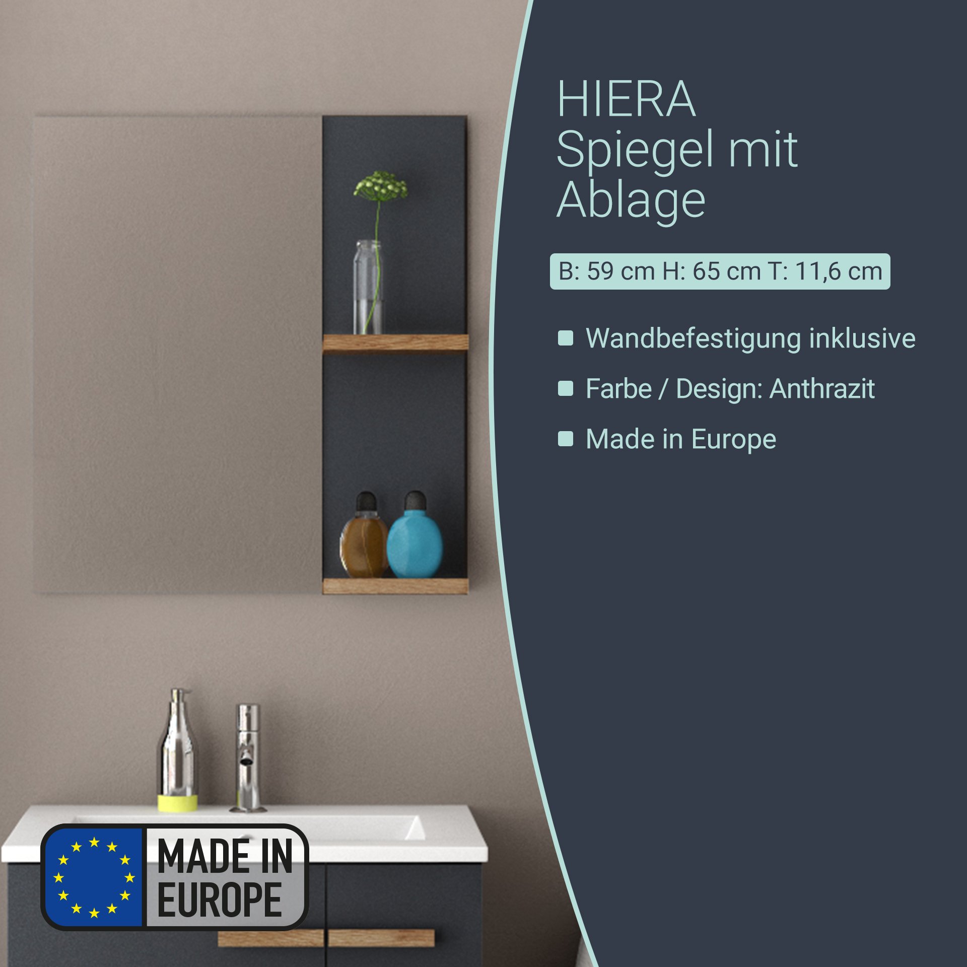 BADEDU HIERA Spiegel 59 cm breit, Anthrazit, zwei Ablagen