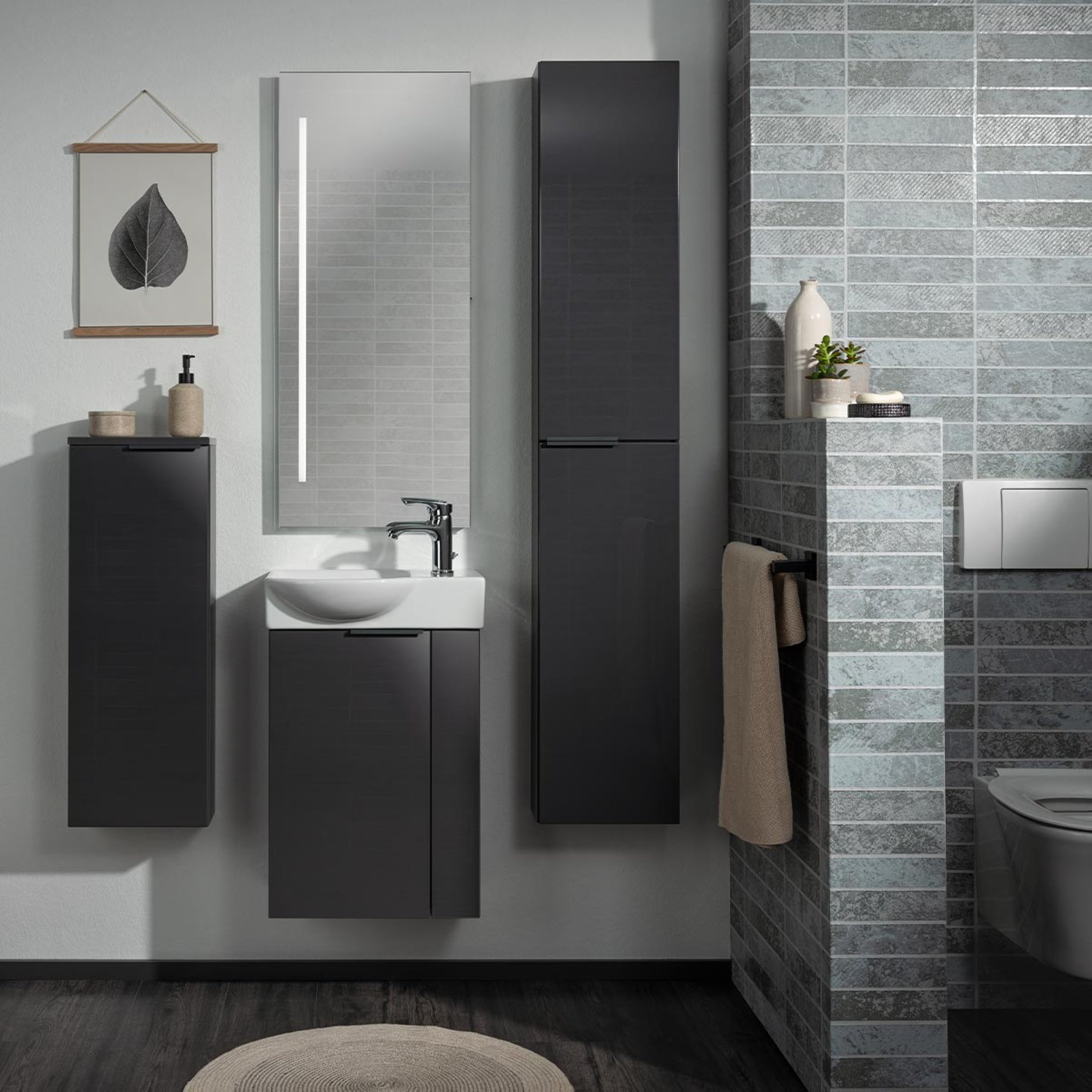 FACKELMANN SBC LUNA Gäste WC Waschtisch Set 45 cm breit, Anthrazit, Waschbecken Keramik Weiß, Türanschlag linksamik Hahnloch rechts