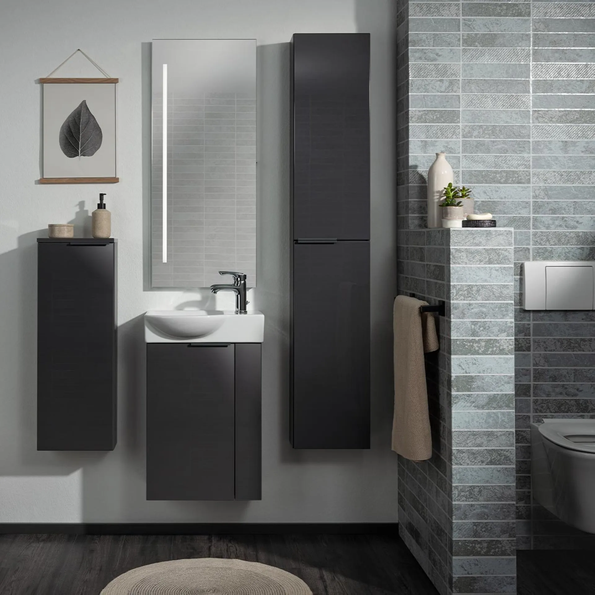 FACKELMANN SBC LUNA Gäste WC Waschtisch Set 45 cm breit, Anthrazit, Waschbecken Keramik Weiß, Türanschlag linksamik Hahnloch rechts