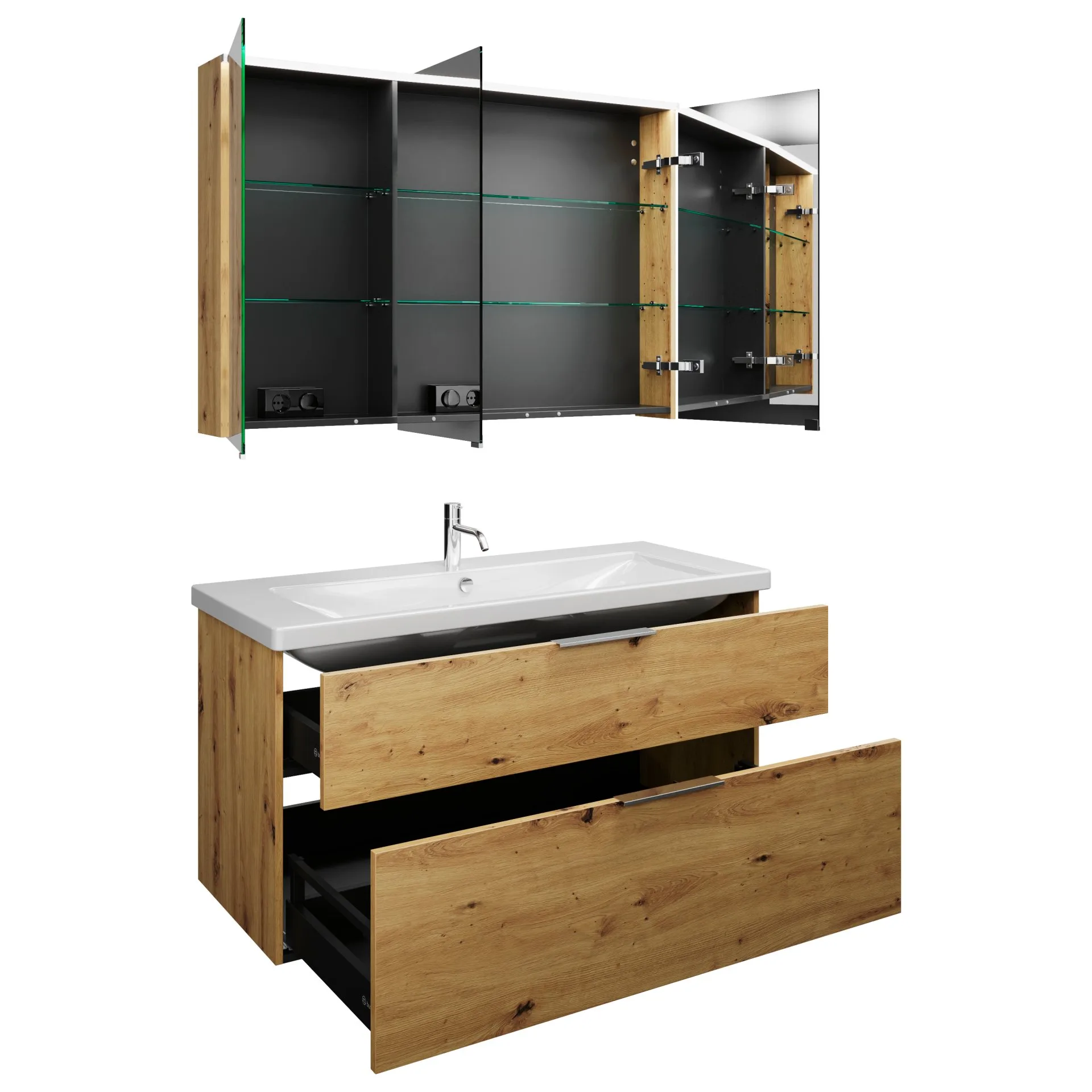 Burgbad EQIO Waschtisch Set mit Spiegelschrank 123 cm breit, Braun, Waschbecken Keramik Weiß, 3-türig Anschlag links